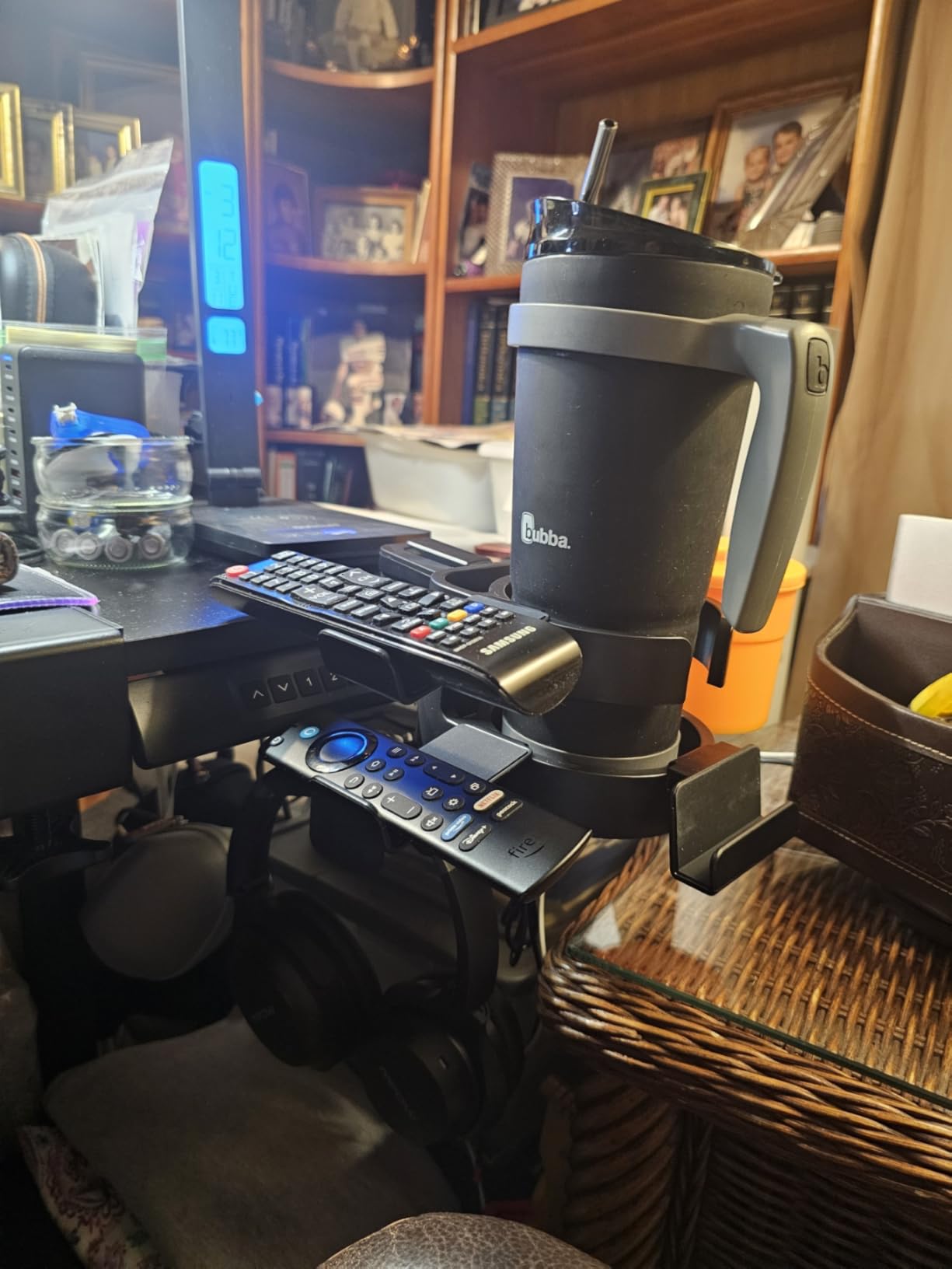 7-in-1 Desk Cup Holder - EURPMASK Organizer with Headphone, Controller Holder, Snack Bucket, and Phone Holder, Clamp-On Desk Accessory with Sturdy Large Storage, Easy to Install, Black - Customer Photo 1