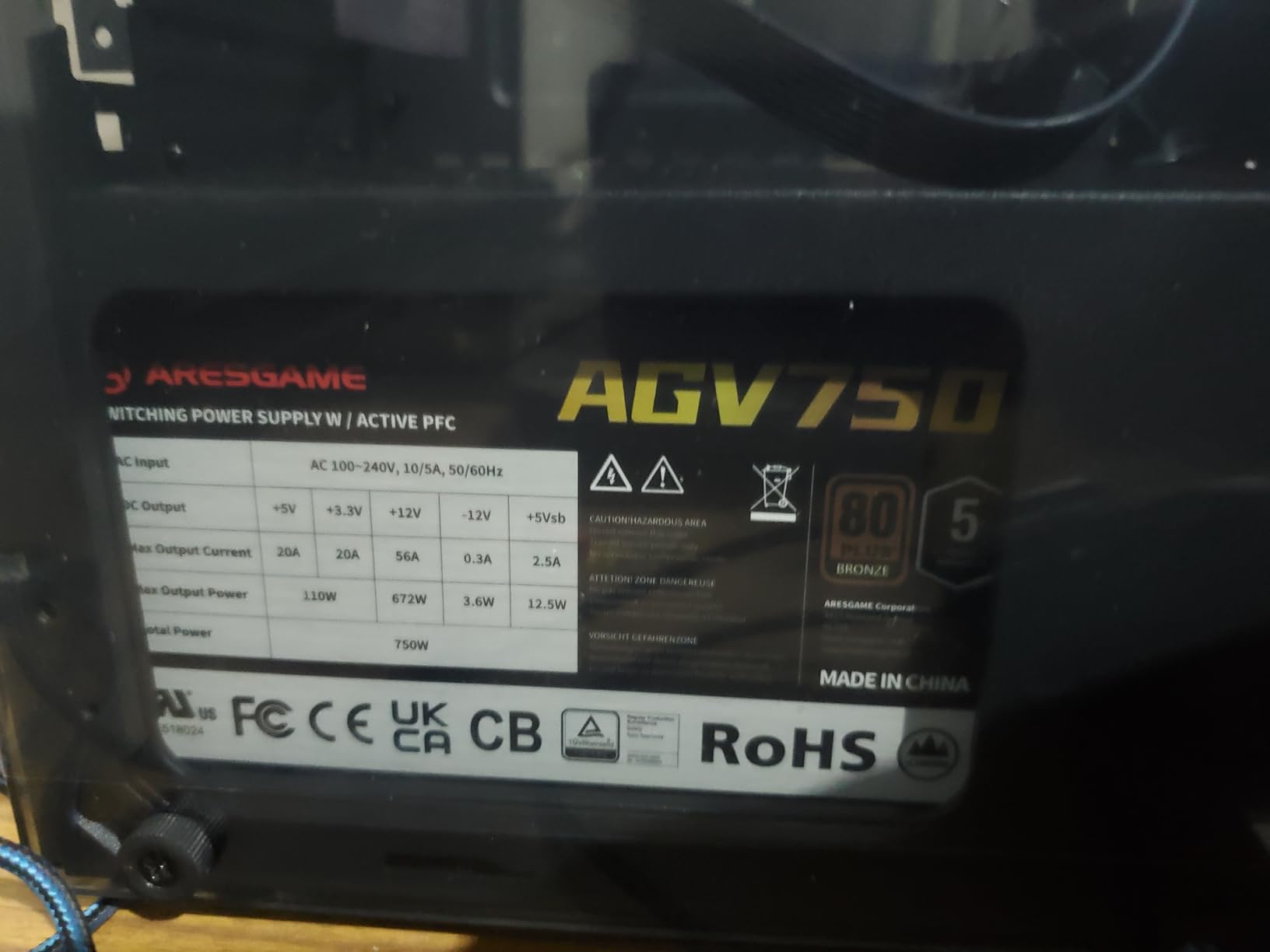 ARESGAME AGV750 750W Power Supply, 80 Plus Bronze Certified, Semi Modular Power Supply, 5 Year Warranty - Customer Photo 4
