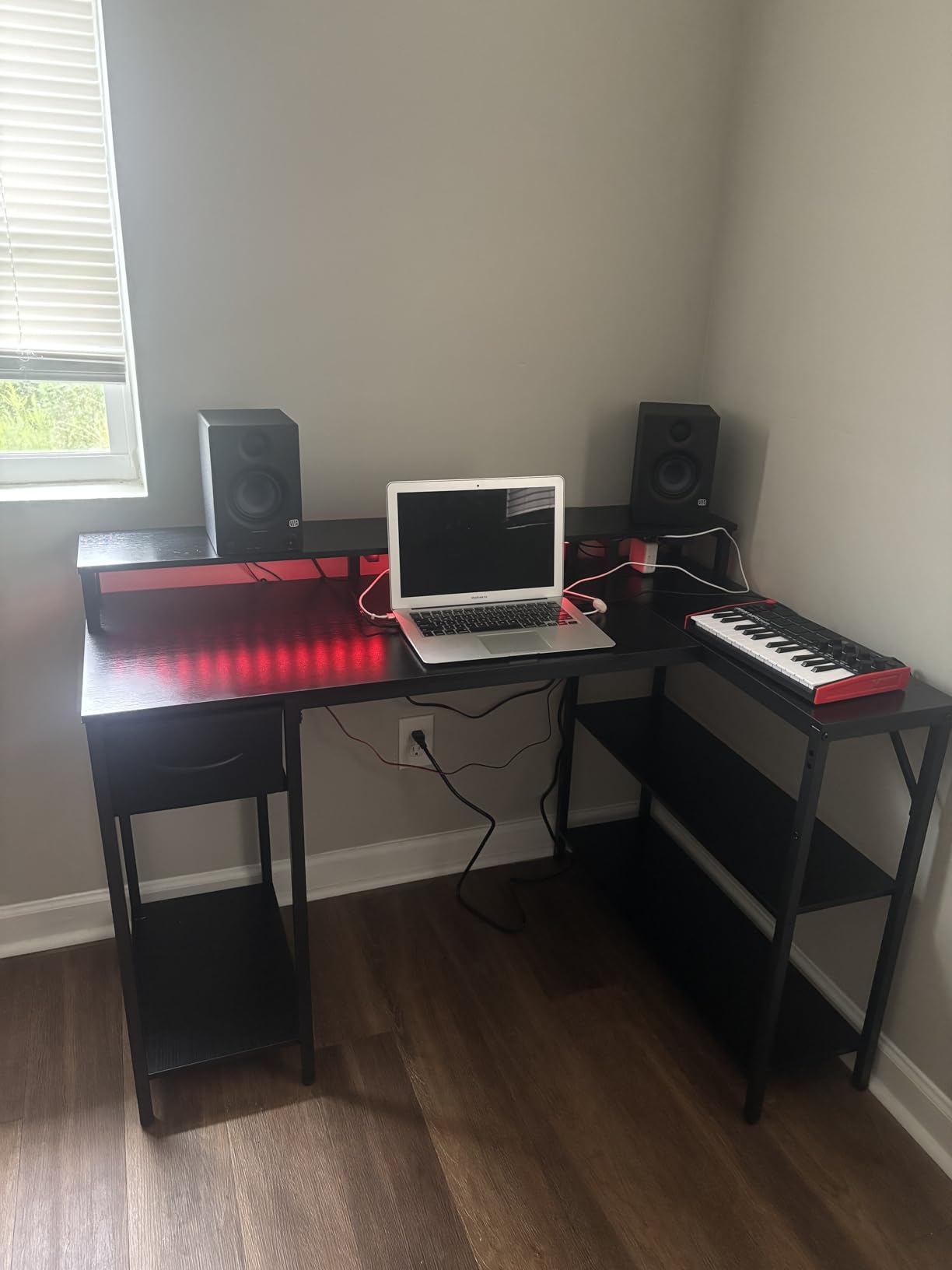 SUPERJARE Reversible L Shaped Gaming Desk with Drawer, LED Lights & Power Outlets, Corner Computer Desk with Shelves & Monitor Stand for Home, Office, Black, 47 inches - Customer Photo 4