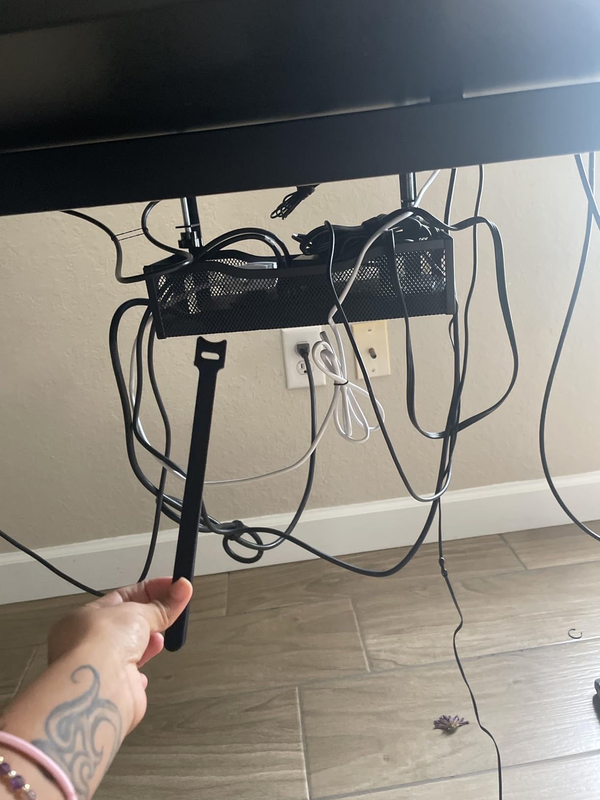 Under Desk Cable Management Tray No Drill, Metal Mesh Cable Management Under Desk with Clamp Mount, 2 Hole Cable Tray with Wire Management and Cord Organizer for Home Office Standing Desk - Customer Photo 4