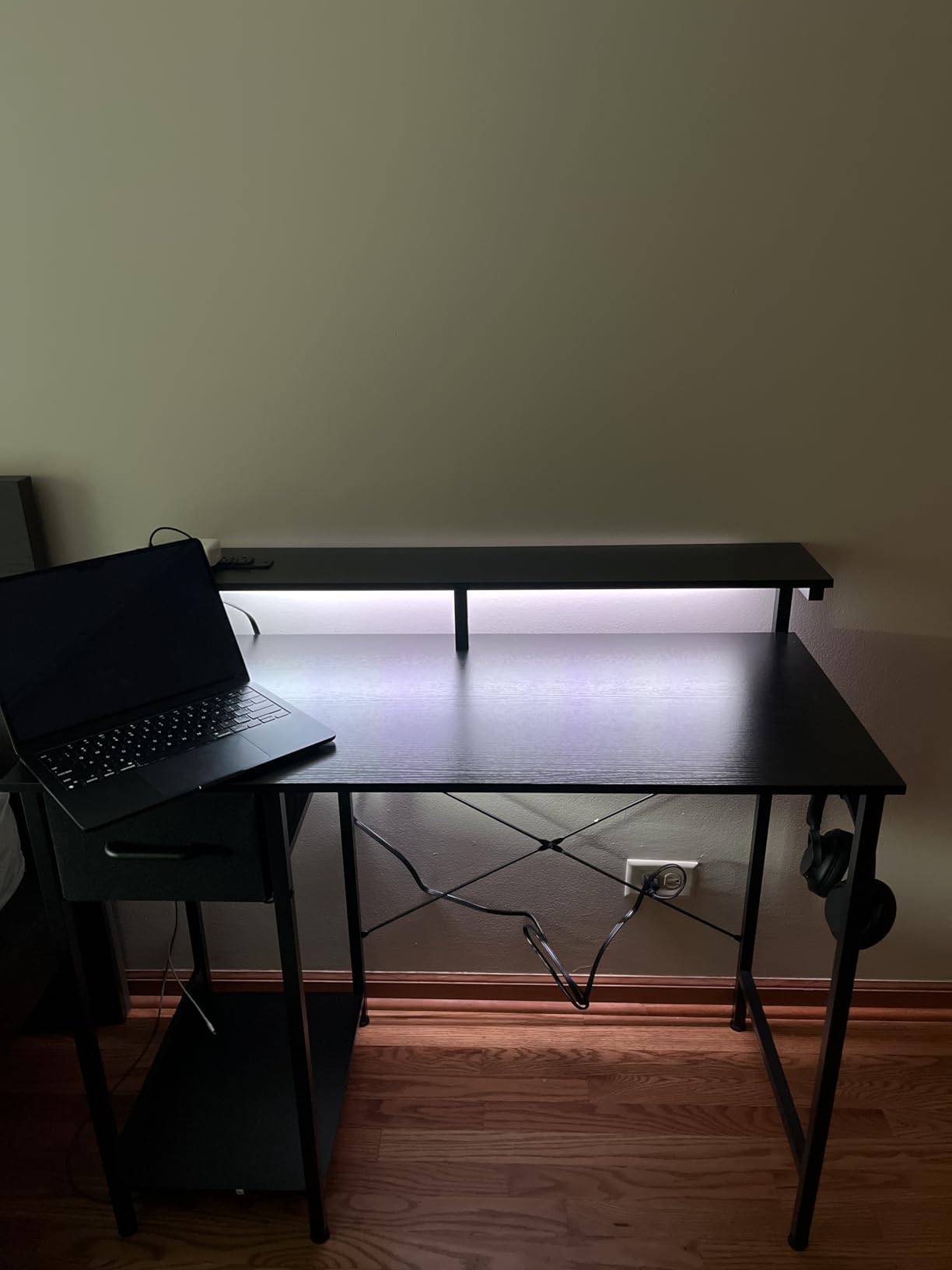 AODK Gaming Desk with LED Lights & Power Outlet, 40 Inch Computer Desk with Drawer, Reversible Small Desk with Monitor Stand & Headphone Hook for Home Office, Black - Customer Photo 4