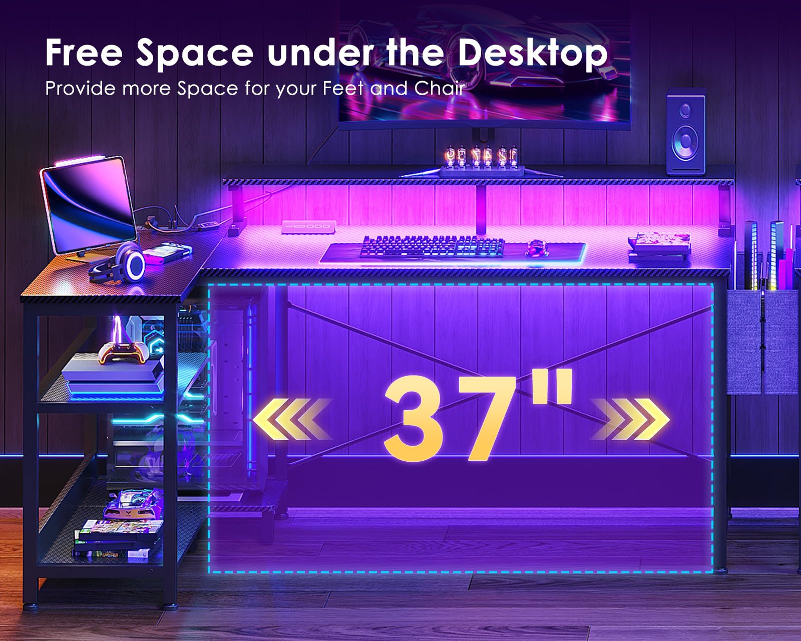 ODK 48 Inch Gaming Desk with USB Charging Ports and LED Lights, Reversible L Shaped Computer Desk with Storage Shelves & Monitor Stand, Corner Gamer Desk Table with Power Outlets, Black Customer Review ODK 48 Inch Gaming Desk with USB Charging Ports and LED Lights, Reversible L Shaped Computer Desk with Storage Shelves & Monitor Stand, Corner Gamer Desk Table with Power Outlets, Black - Customer Photo 4