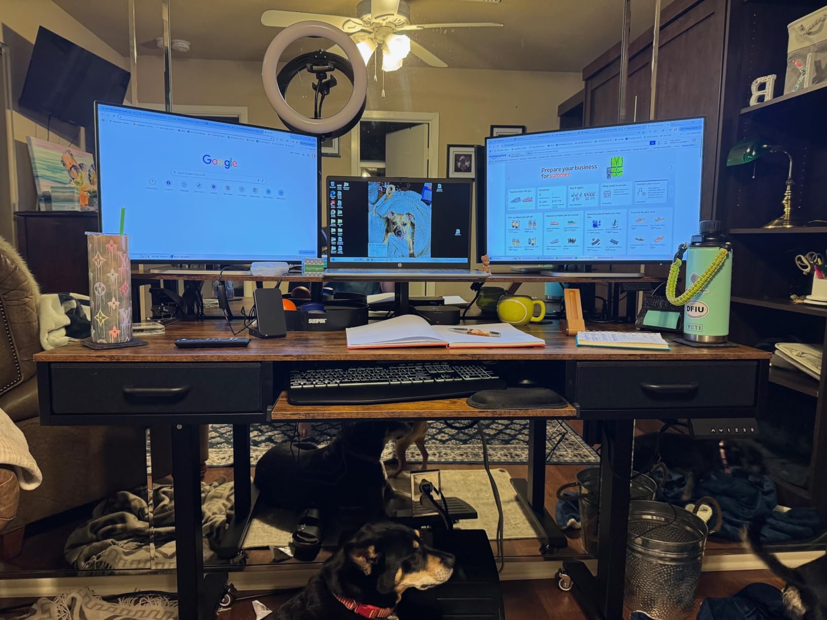AODK Electric Standing Desk with Drawers & Keyboard Tray, 55 Inch Height Adjustable Gaming Desk with Power Outlets & LED Lights, Sit Stand Table with Monitor Stand for Home, Office, Rustic Brown - Customer Photo 3