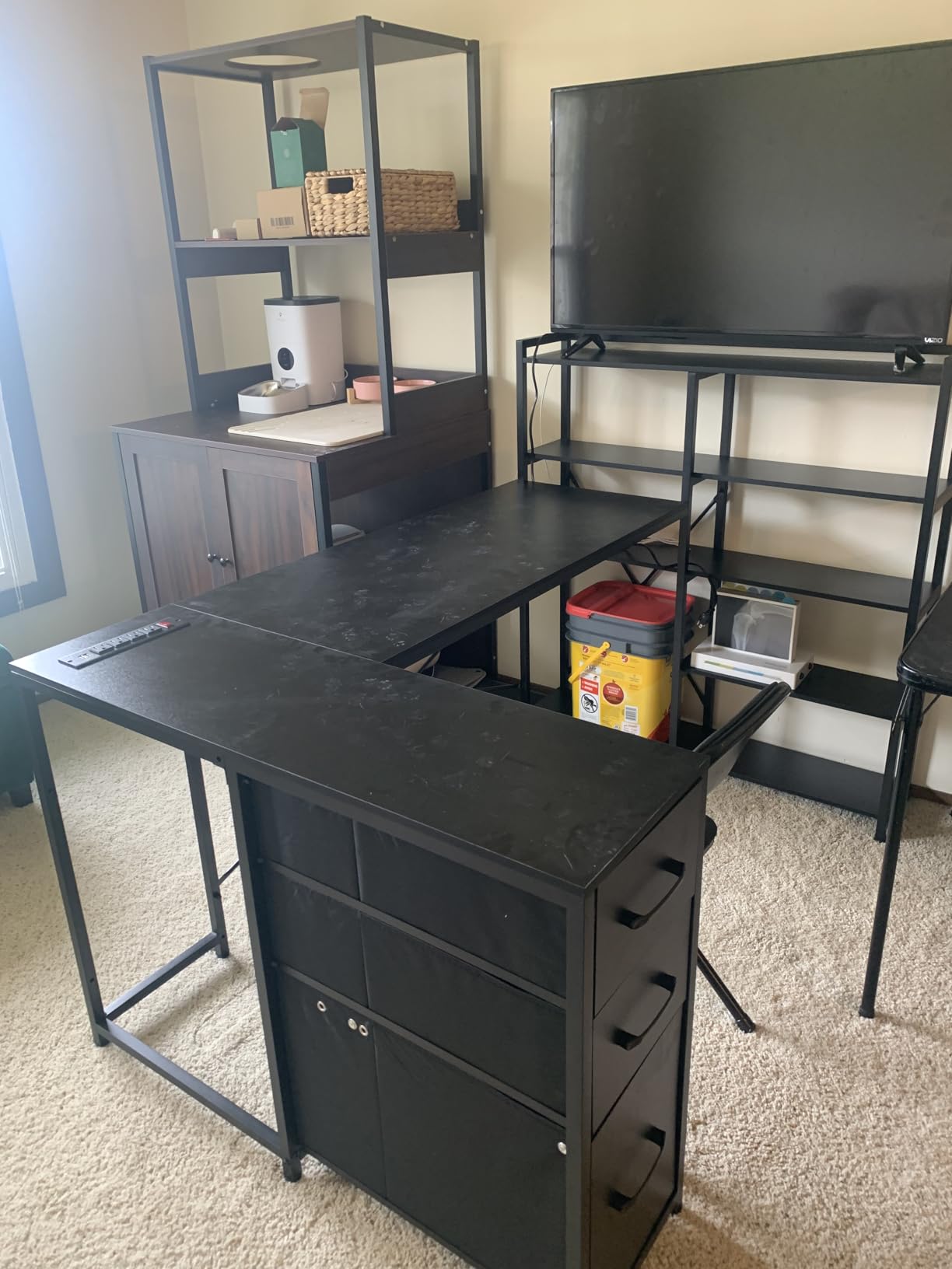 SEDETA L Shaped Gaming Desk, Reversible U Shaped Computer Desk with Power Outlet and Storage Shelves, Corner Gaming Desk with LED Lights, 3 Fabric Drawers, Black - Customer Photo 4