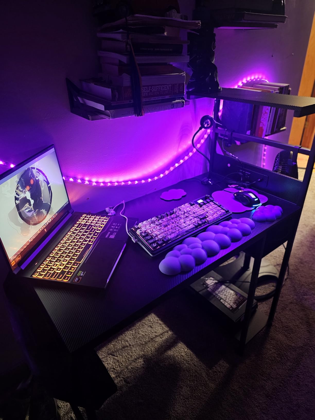 Grandder Gaming Desk 40 Inch with Power Outlet and LED Light, Computer Desk with Reversible Shelves and Storage Drawer, Pc Small Desk for Home Office Table with Bag, Carbon Fiber Black - Customer Photo 2
