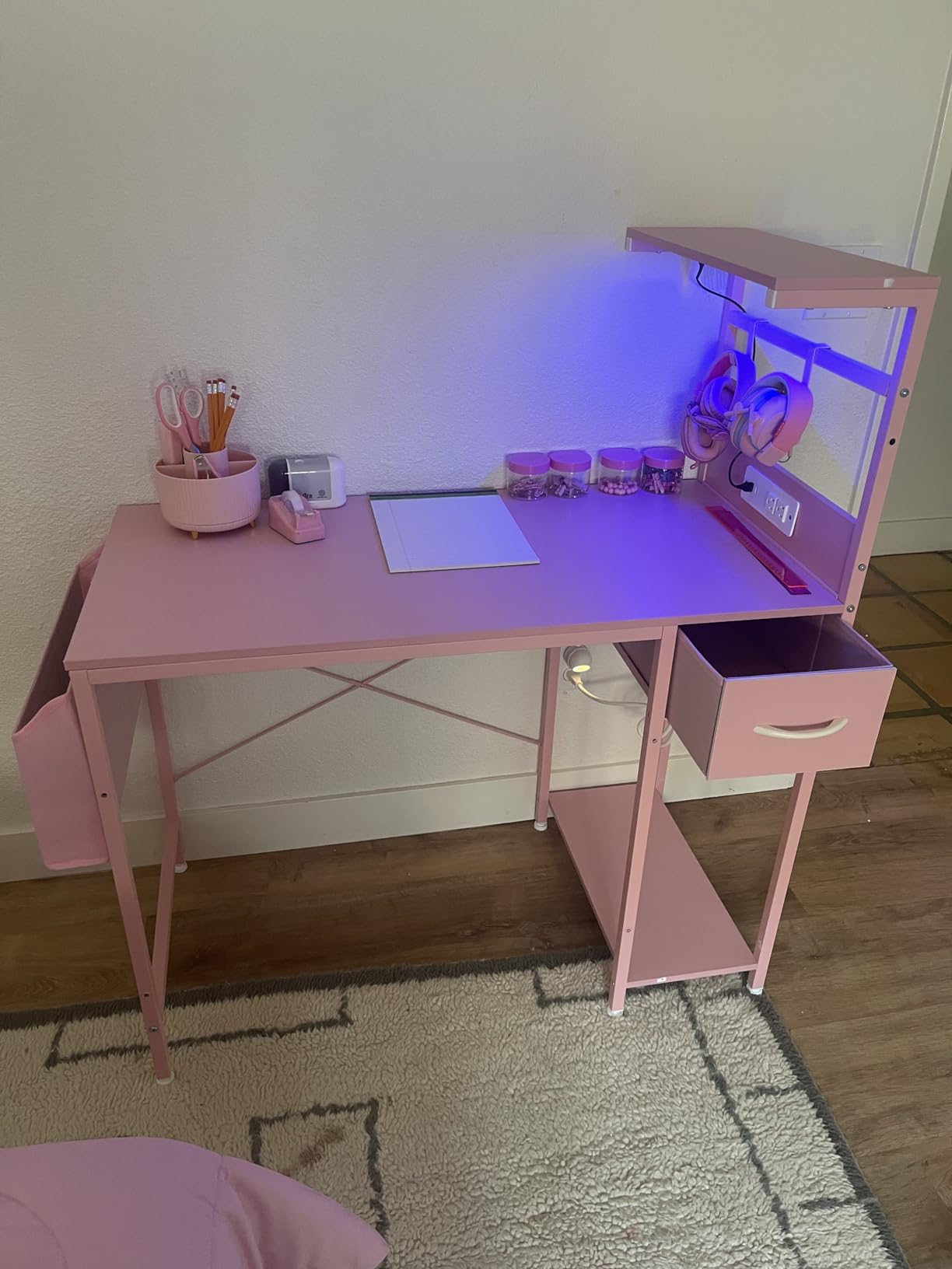 Grandder Gaming Desk 40 Inch with Power Outlet and LED Light, Computer Desk with Reversible Shelves and Storage Drawer, Pc Small Desk for Home Office Table with Bag, Carbon Fiber Black - Customer Photo 4