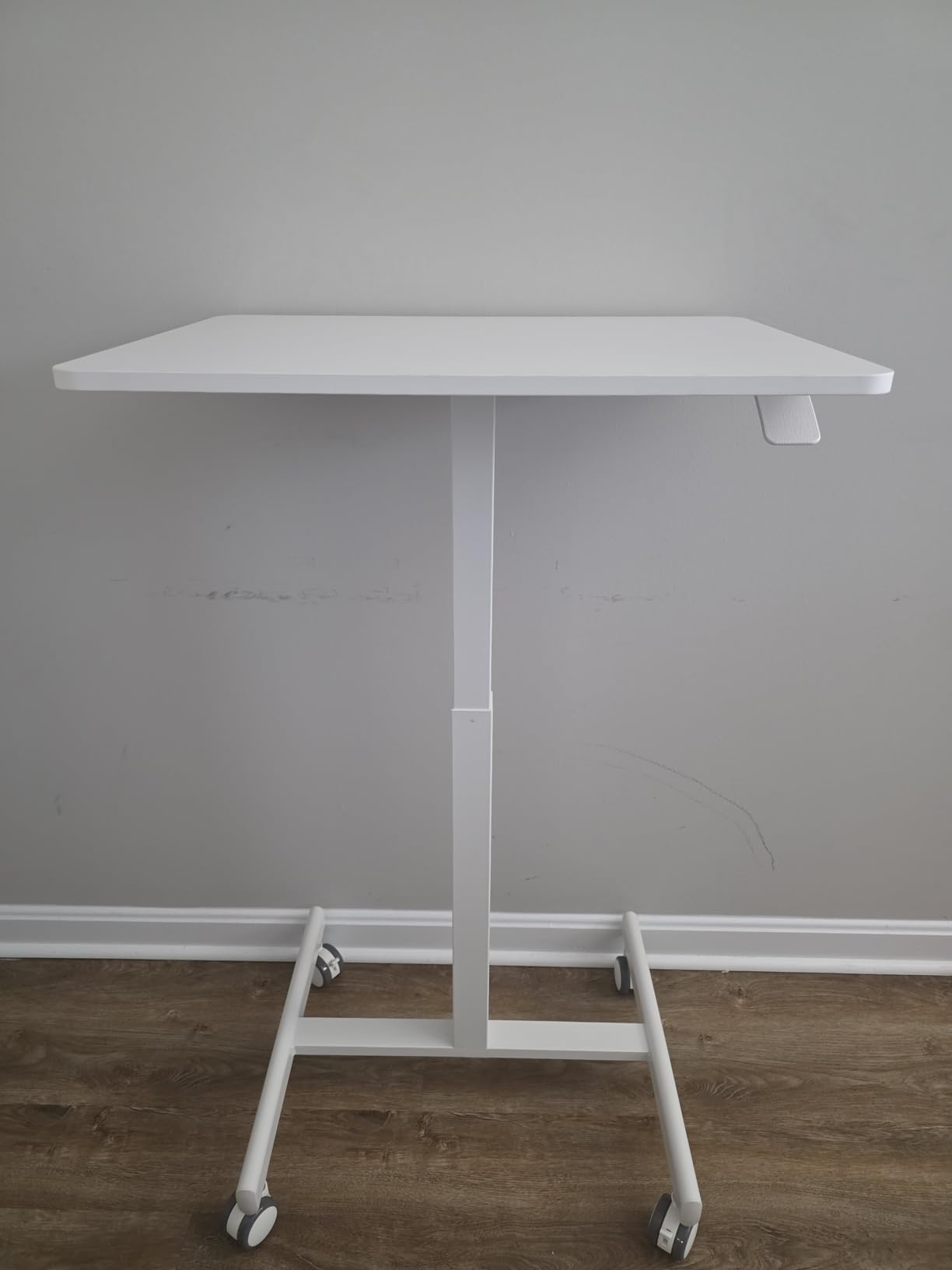 Sweetcrispy Mobile Small Standing Desk - Sit Stand Portable Rolling Laptop Desk with Lockable Wheels, Adjustable Height Computer Workstations, White - Customer Photo 2