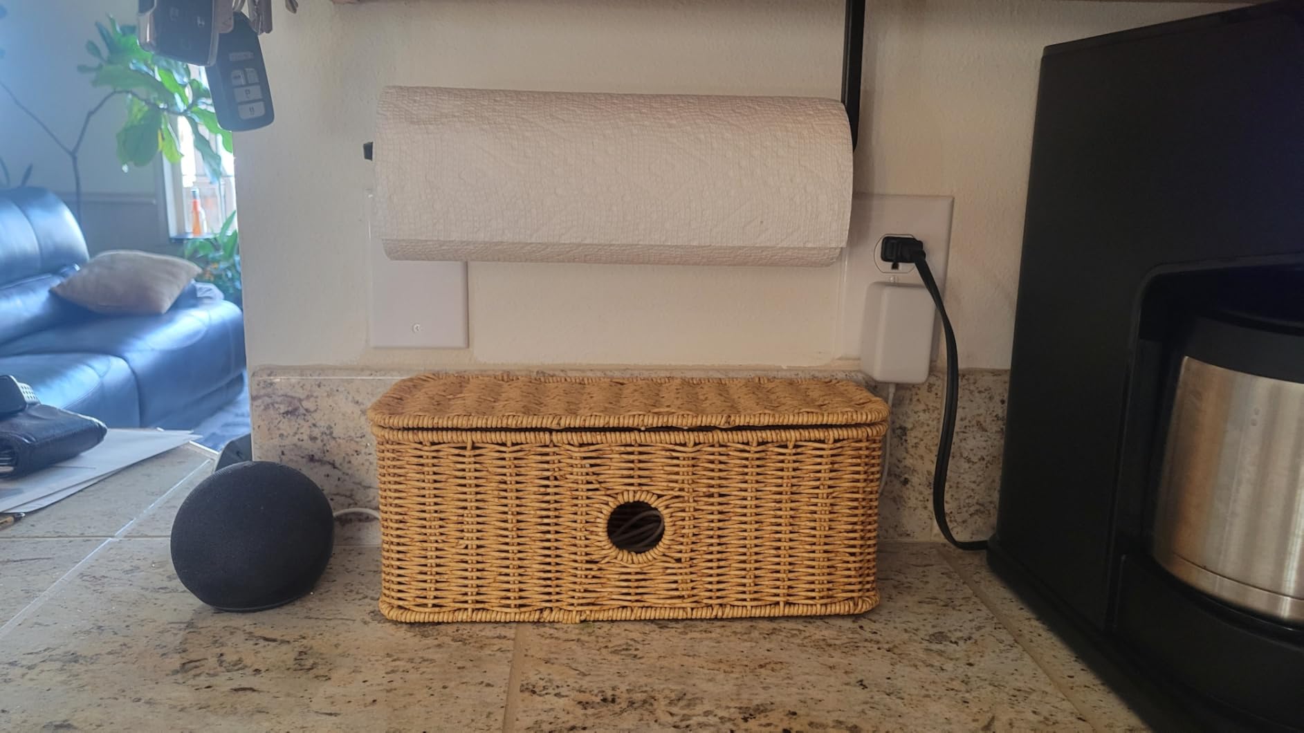 Rattan Cable Management Box Handwoven Cord Organizer Box, 4 Open Slots Cords Hider Box Under Desk Cable Management Suitable for TV Cables Computers Routers Power Cords to Hide and Organize - Customer Photo 2