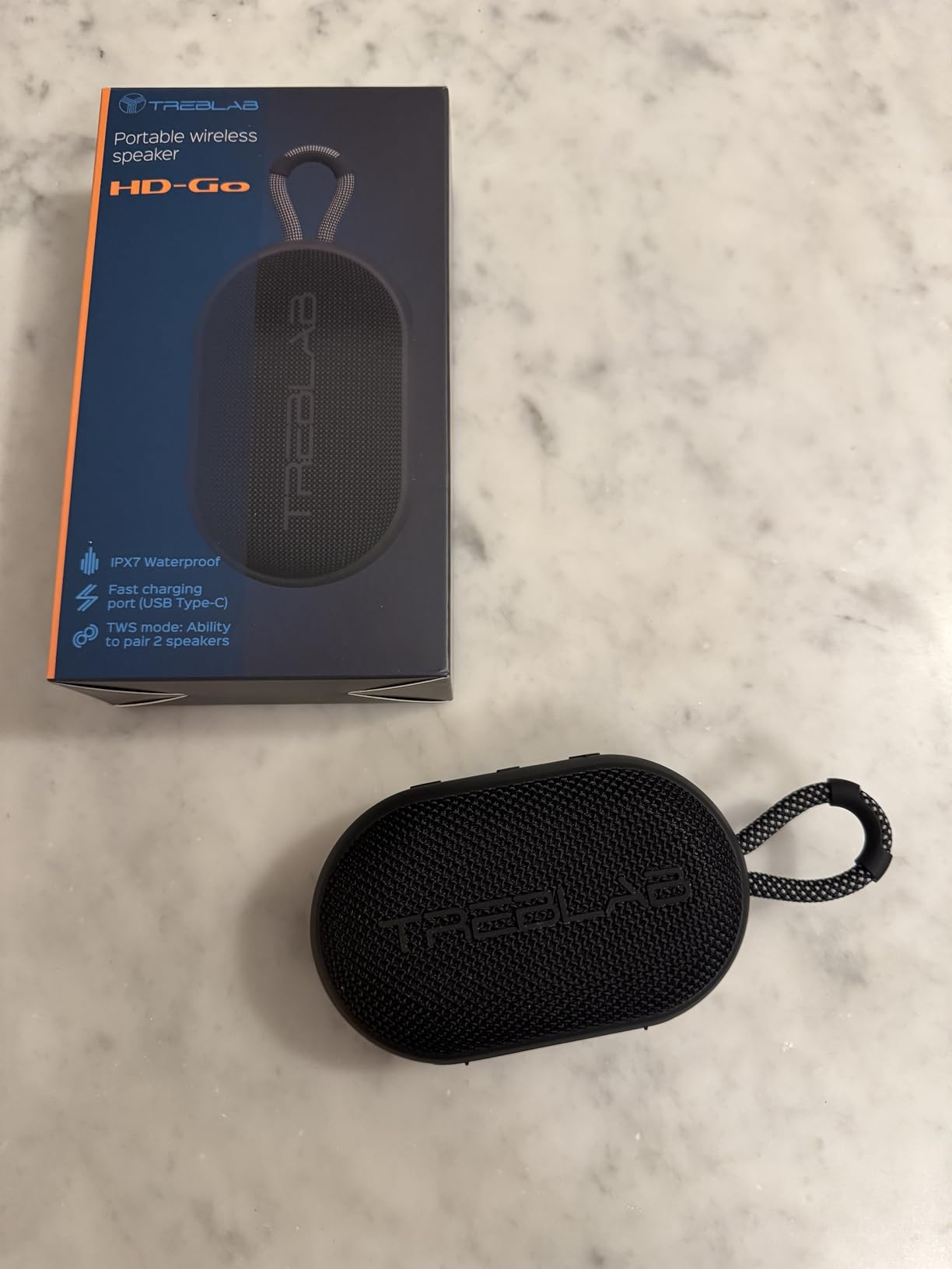 TREBLAB HD-Go - Ultra Portable Hand Held Speaker with Clip, 7W Power with Bass, 16H Playtime, IPX7 Waterproof, Built-in Mic, Compact & Lightweight, USB-C Charging – Small Speaker Bluetooth Wireless - Customer Photo 2