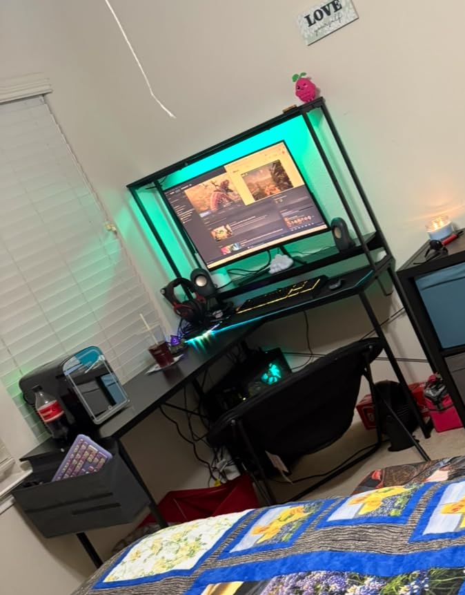 ODK 53 Inch L Shaped Desk with LED Lighting, Reversible Gaming Desk with Power Outlets, Cornor Computer Table with Storage Shelves & Bag & Iron Hook, Home Office Table for Writing, Study, Black - Customer Photo 4