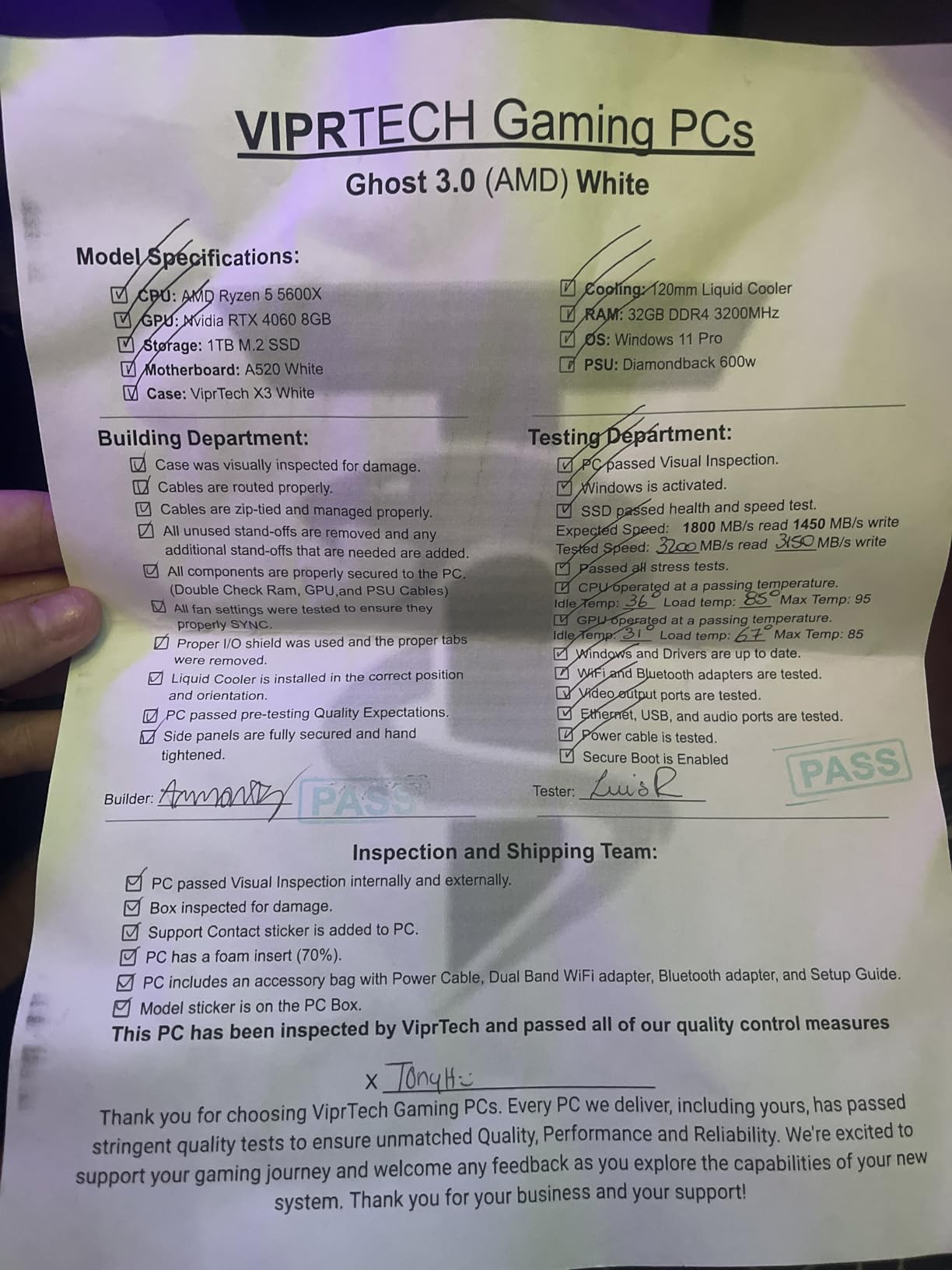ViprTech Ghost 4.0 Liquid-Cooled PC - AMD Ryzen 7 (4.4Ghz Turbo), RTX 4060 Ti 8GB, 32GB DDR4 3200, 1TB NVMe SSD, VR-Ready, Streaming, WiFi, RGB, Win 11, Gaming Desktop Computer Prebuilt, Black - Customer Photo 2