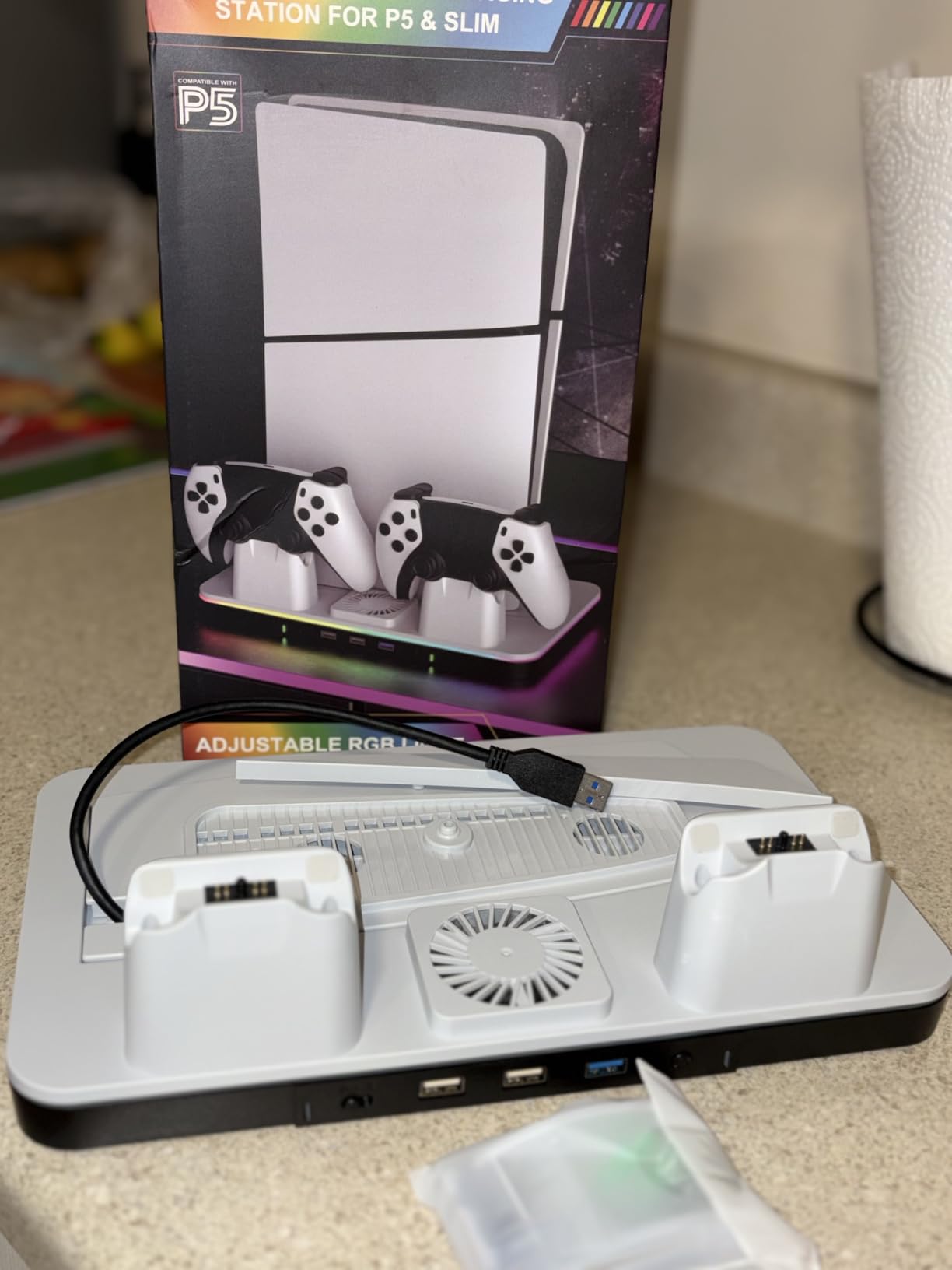 PS5/Pro/Slim Stand and Cooling Station with Dual Controller Charger for Playsation 5 Disc&Digital Consoles, RGB Light, Cooling Fan, Headset Holder PS5 Accessories 3 USB Hub(1x3.0 & 2x2.0) - Customer Photo 1
