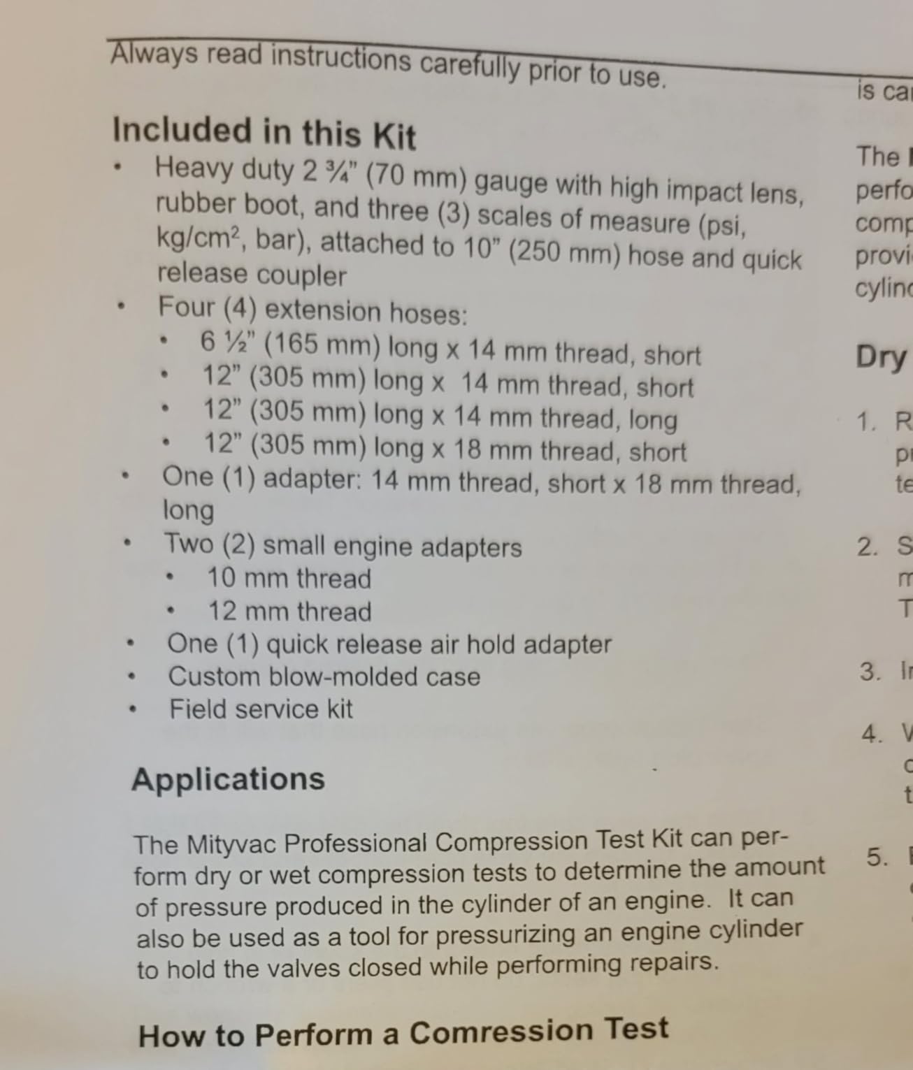 Mityvac MV5530 Engine Compression Test Kit, Manual Pressure Release, 2-3/4 in. Bourdon Tube Gauge, Quick-Disconnect Coupler, Includes Threaded Adapters for Motorcycles, Marine and Small Engines customer photo 2
