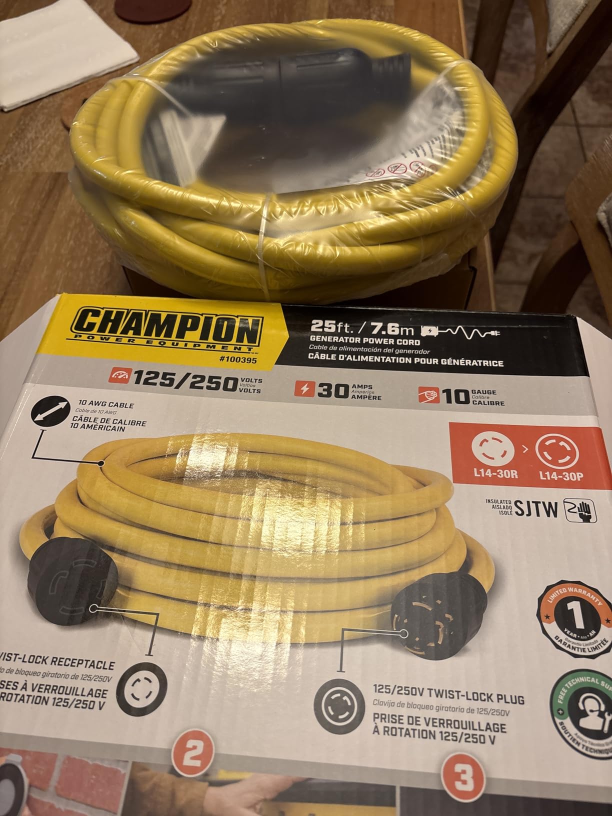 Champion Power Equipment 25-Foot 30-Amp 250-Volt Generator Power Cord for Manual Transfer Switch (L14-30P to L14-30R) customer photo 1