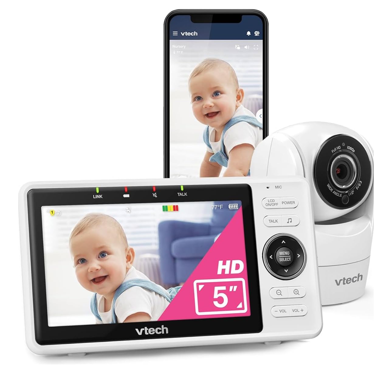 VTech Smart WiFi Baby Monitor - See Your Baby at Home or from Anywhere, Free App, 1080p Camera, 5