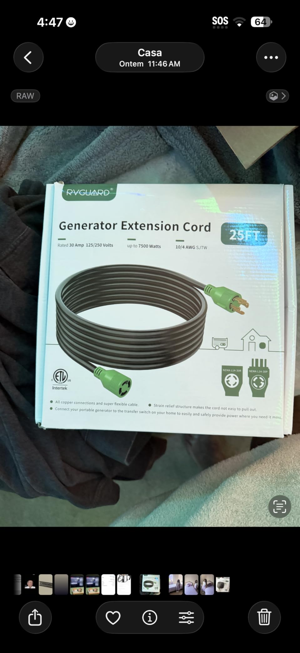 RVGUARD 4 Prong 30 Amp 25 Foot Generator Extension Cord, NEMA L14-30P/L14-30R, 125/250V Up to 7500W 10 Gauge SJTW Generator Cord with Cord Organizer, ETL Listed customer photo 1