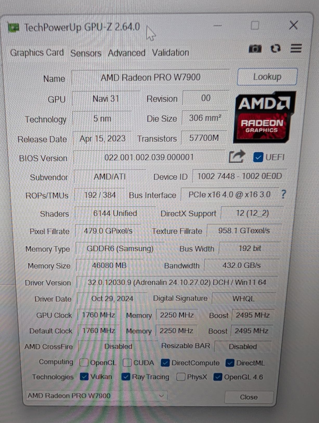 Radeon Pro W7900, Professional Graphics Card, Workstation, AI, 3D Rendering, 48GB GDDR6, AV1, 61 TFLOPS, 96CUS, 295W TDP, 8K, 1x Mini DisplayPort, 3 x DisplayPort 2.1 customer photo 1
