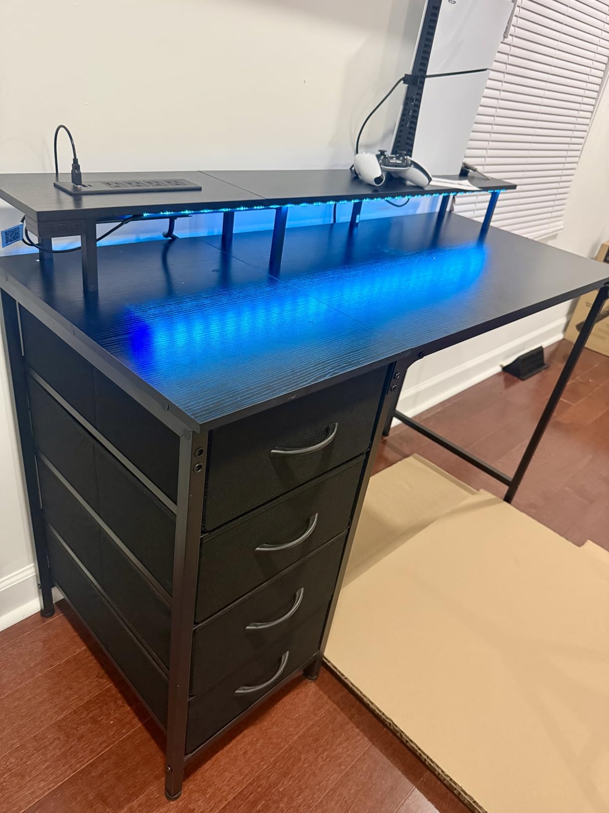 Huuger 47 Inch Computer Desk with Power Outlets and LED Lights, Gaming Desk with 4 Drawers, Office Desk with Monitor Stand, Study Work Home Office, Small Spaces, Black customer photo 2