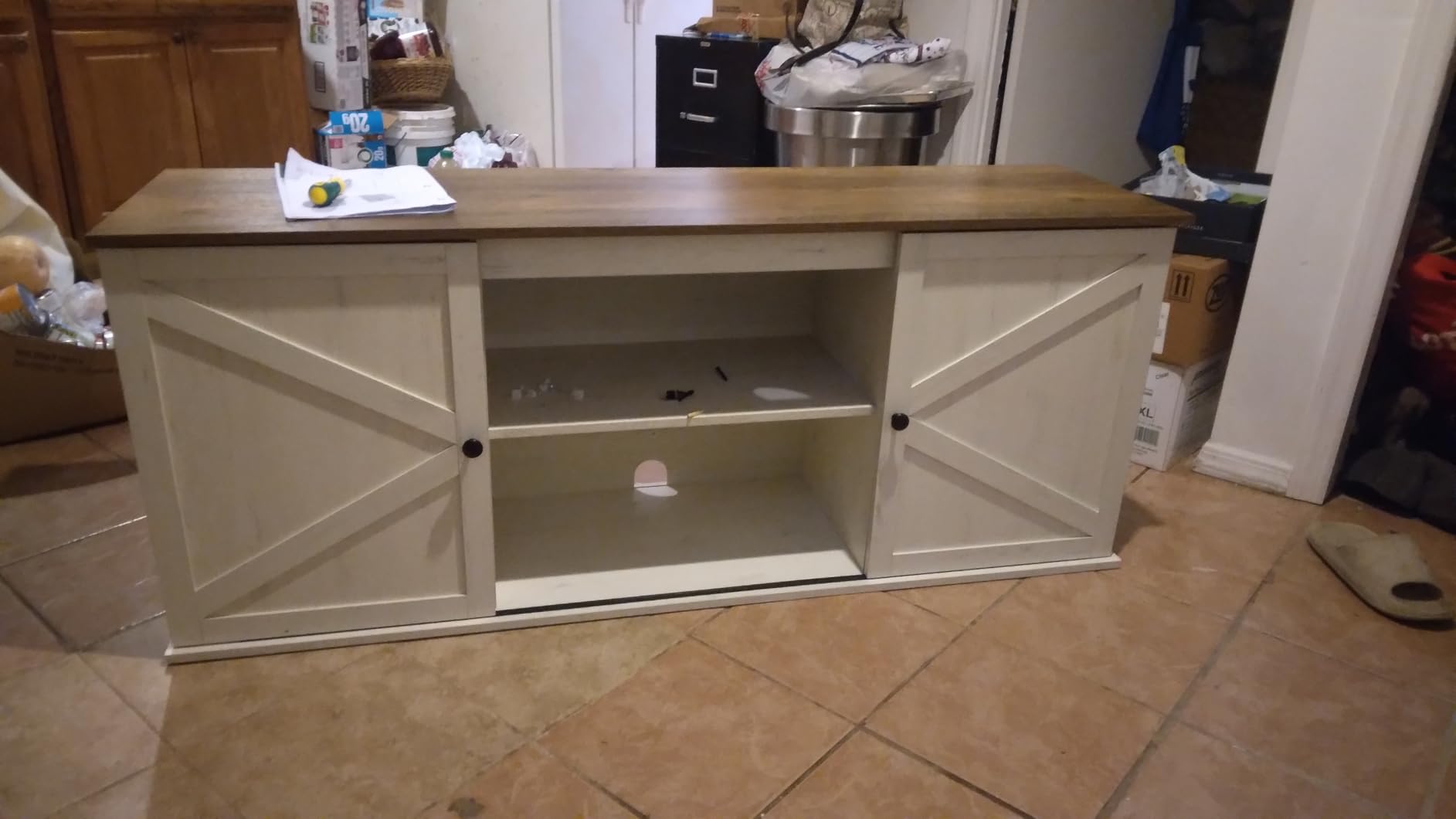 VASAGLE Farmhouse TV Stand for TVs up to 80 Inches, Entertainment Center with Storage Cabinets and Sliding Barn Doors, Media Console Table for Living Room, Rustic White and Honey Brown ULTV537W01 customer photo 1