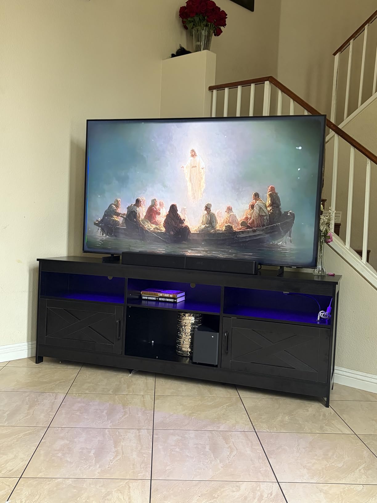 YITAHOME TV Stand for 80/75/70 Inch TVs, Farmhouse Entertainment Center with LED Lights & Storage Cabinets, Open Shelves & Adjustable Shelf, TV Consoles for Living Room, Washed Gray customer photo 2
