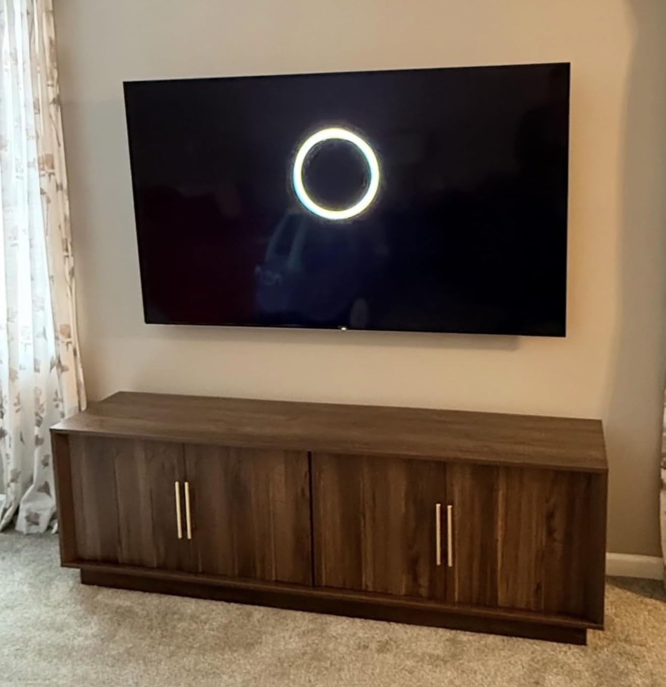 FORTUNETEC TV Stand for 75 Inch TV, Mid Century Modern TV Stand with Arched Design, Wood Grain Finish, Media Console with Adjustable Shelves, 67