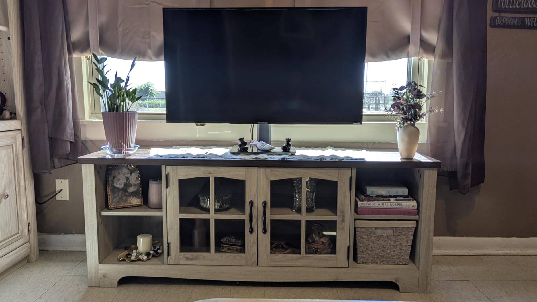 LINSY HOME TV Stand for 75 Inch TV, Modern Farmhouse Entertainment Center with Storage Cabinets and Glass Doors, Tall Media Console Table for Living Room, Bedroom, Large Long Television Stand, Beige customer photo 1