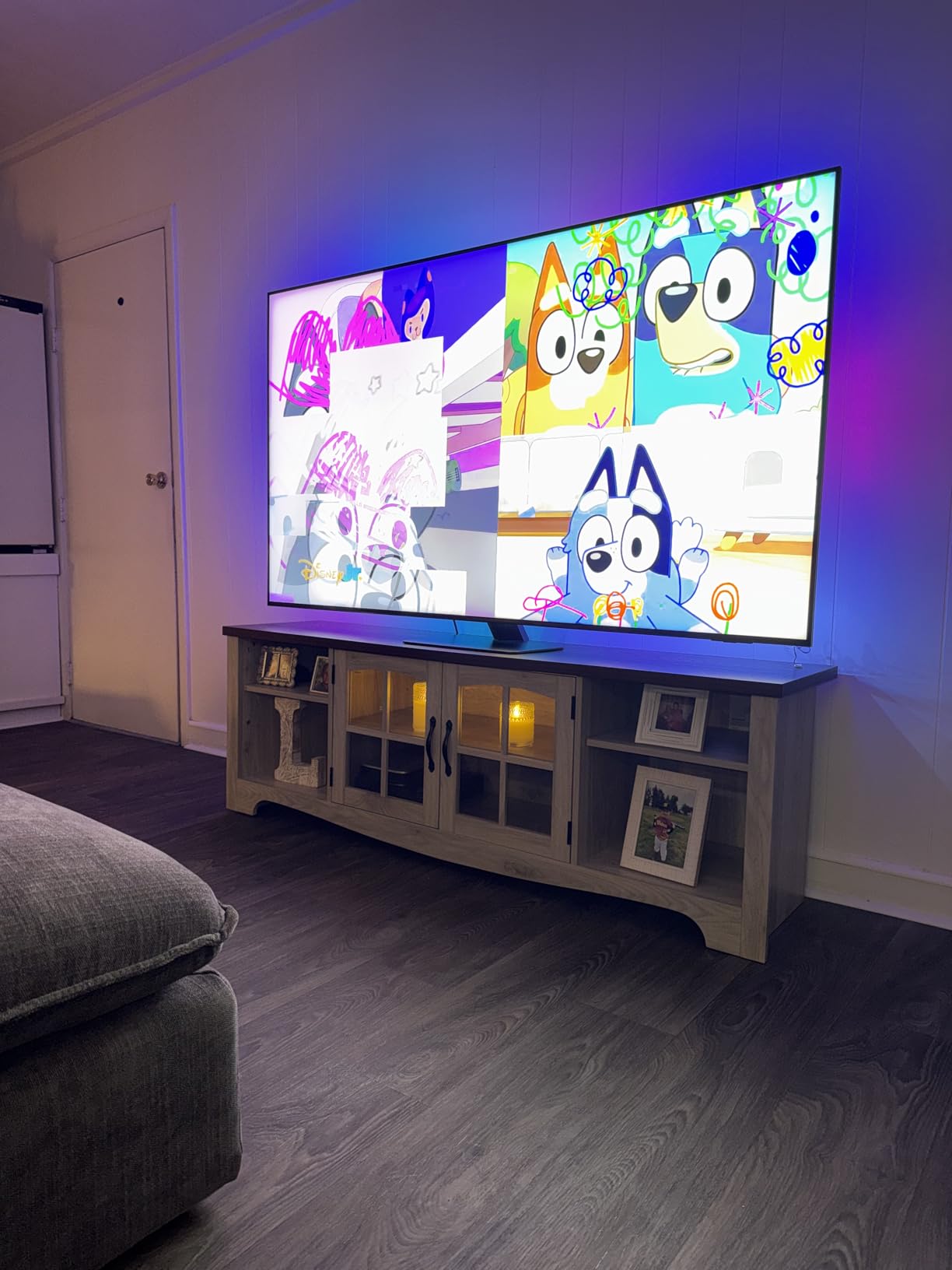 LINSY HOME TV Stand for 75 Inch TV, Modern Farmhouse Entertainment Center with Storage Cabinets and Glass Doors, Tall Media Console Table for Living Room, Bedroom, Large Long Television Stand, Beige customer photo 2