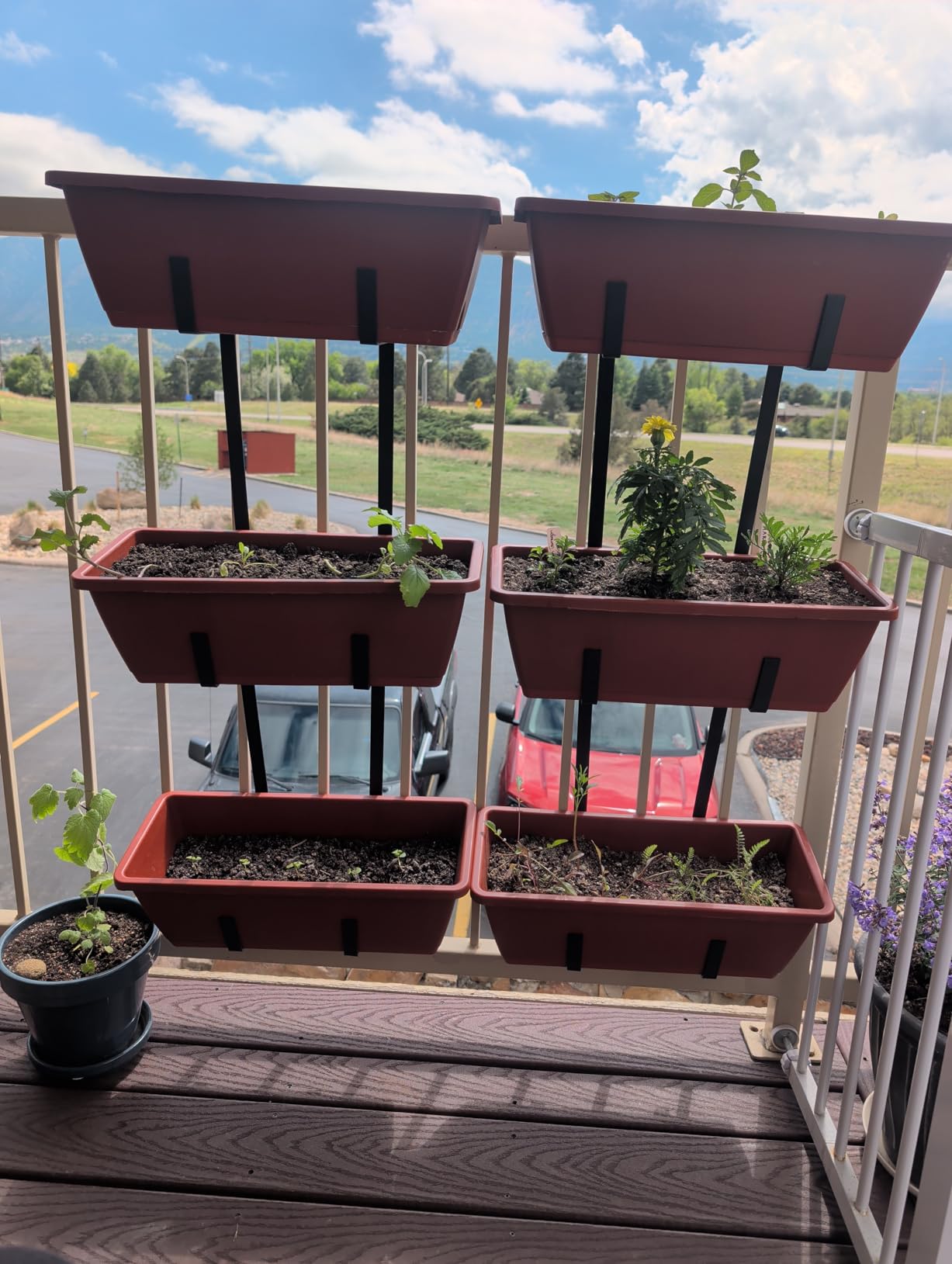 OYEAL Railing Planter Box 3 Tier Vertical Window Boxes Planter Outdoor with Adjustable Brackets & Rectangular Flower Pots Deck Railing Hanging Flower Pots for Patio, Lawn, Porch, Balcony Decor, Black customer photo 2