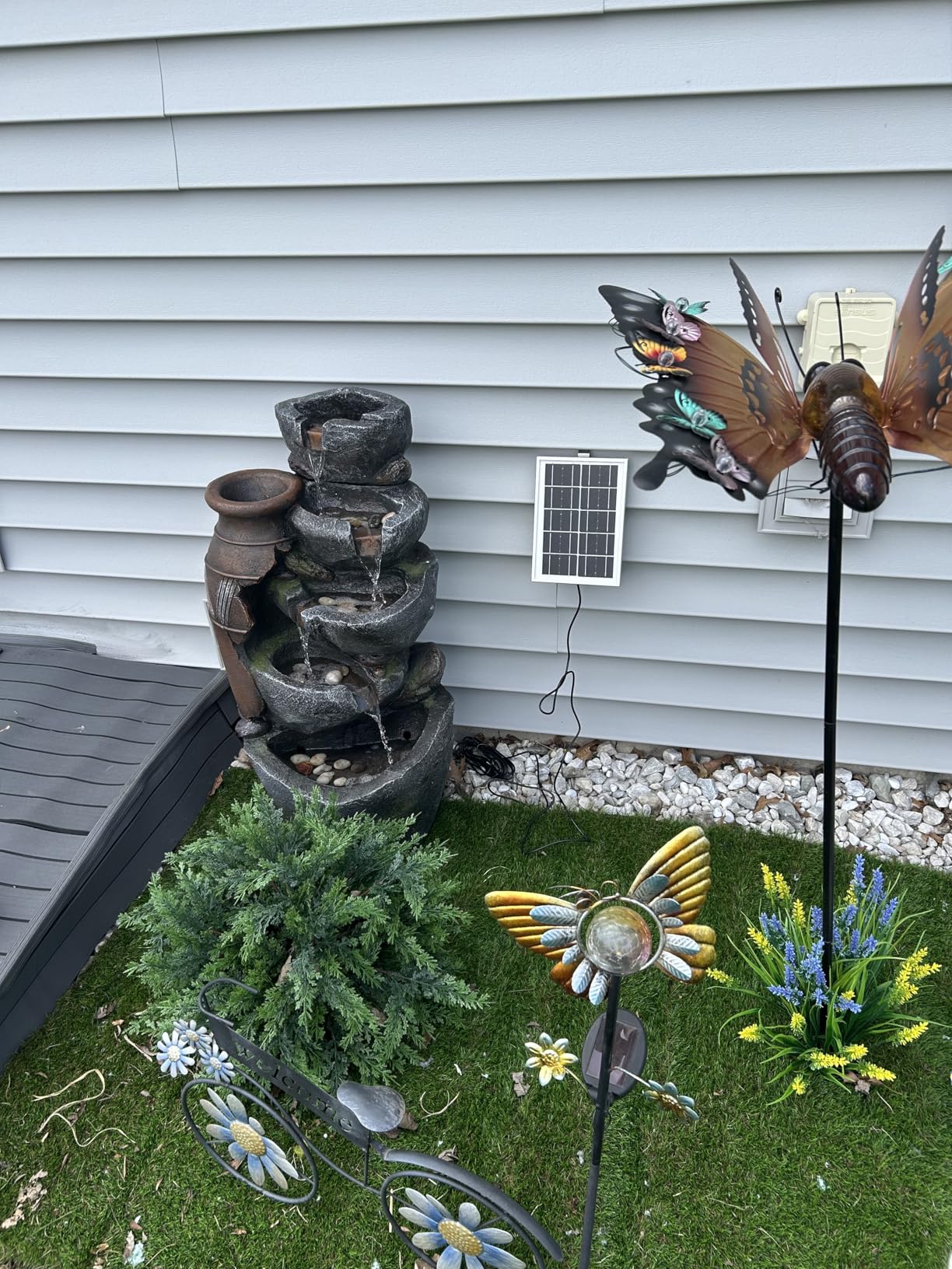 5 Tier Rock Solar Water Fountain Outdoor with Vintage Jar, Cascading Waterfall Fountain with LED Lights, Outdoor Fountains for Garden or Patio, Yard, Deck Decor, 16.5