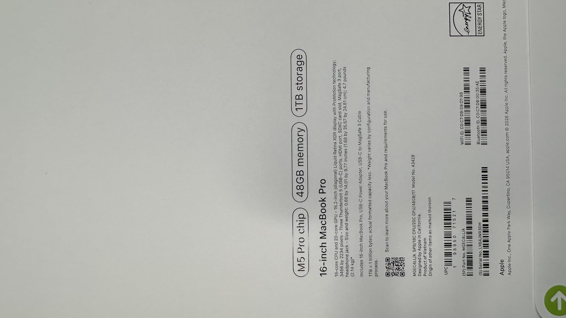 2026 MacBook Pro Laptop with Apple M5 Pro chip with 18-core CPU and 20-core GPU: Built for AI, 16.2-inch Liquid Retina XDR Display, 48GB Unified Memory, 1TB SSD, Wi-Fi 7; Silver customer photo 2