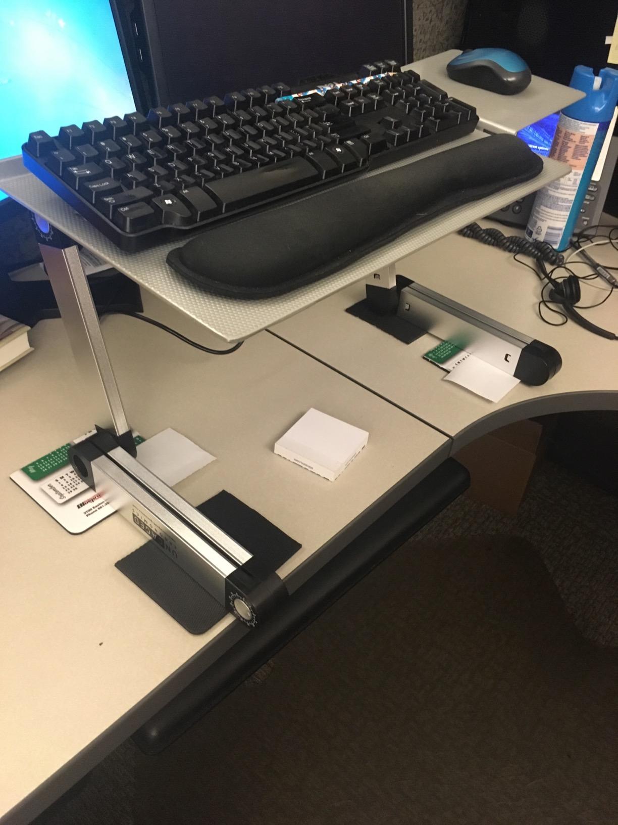 Uncaged Ergonomics WorkEZ Adjustable Keyboard Stand, Riser and Tray, Black | A keyboard shelf that rises to 18 in, 18 x 11 in aluminium, negative tilt, mouse pad on either side. customer photo 1