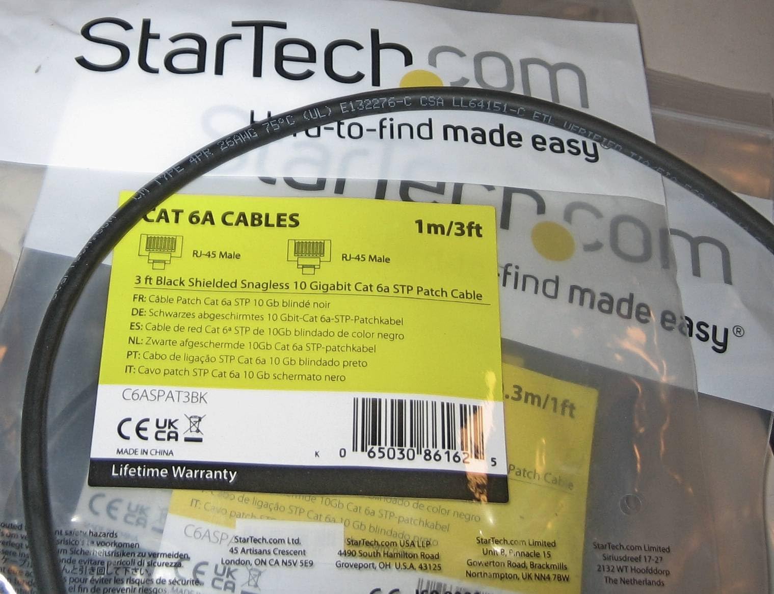 StarTech 10ft Cat6a Snagless Ethernet Cable, Black (C6ASPAT10BK) | 100W PoE delivery, Gold-plated RJ45, Patch Cable, Ethernet Cord, Gigabit, Network, Strain Relief, TIA, 26AWG copper, Shielded customer photo 1