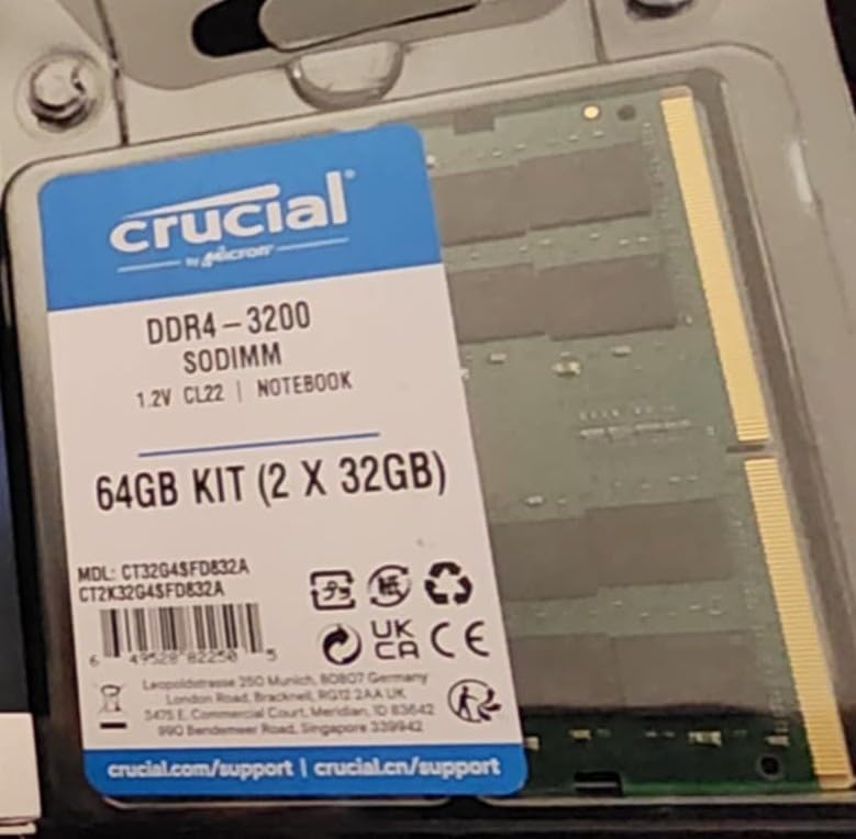 Crucial 64GB DDR4 RAM Kit (2x32GB), 3200MHz (PC4-25600) CL22 Laptop Memory, SODIMM 260-Pin, Downclockable to 2933/2666MHz, Compatible with 13th Gen Intel Core and AMD Ryzen 7000 - CT2K32G4SFD832A customer photo 2