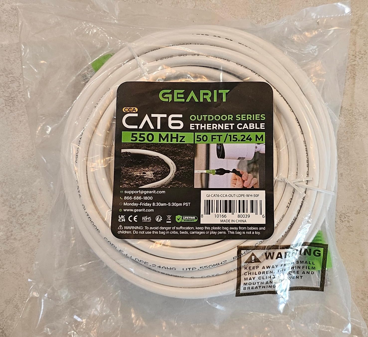 GEARit Cat 6 Ethernet Cable 50 Ft, Outdoor Direct Burial Cat6 Cord, Black | 24AWG CCA, LLDPE UV Resistant Waterproof Jacket, 10Gbps RJ45, for Underground, Router, PoE Camera & Home Network, 50ft customer photo 2