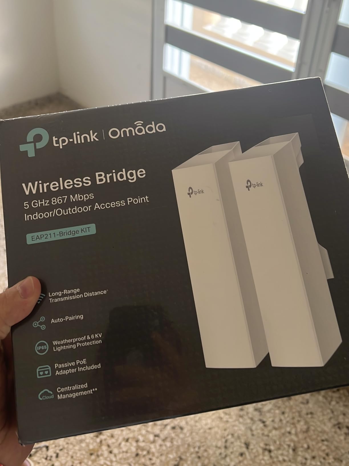 Omada EAP211-Bridge KIT, Point to Point Wireless Bridge | 5GHz 867Mbps, PtP&PtMP, 1km Range, 3 Gigabit Ports, PoE or DC Powered, IP65 Weatherproof, Preconfigured, Plug&Play customer photo 1