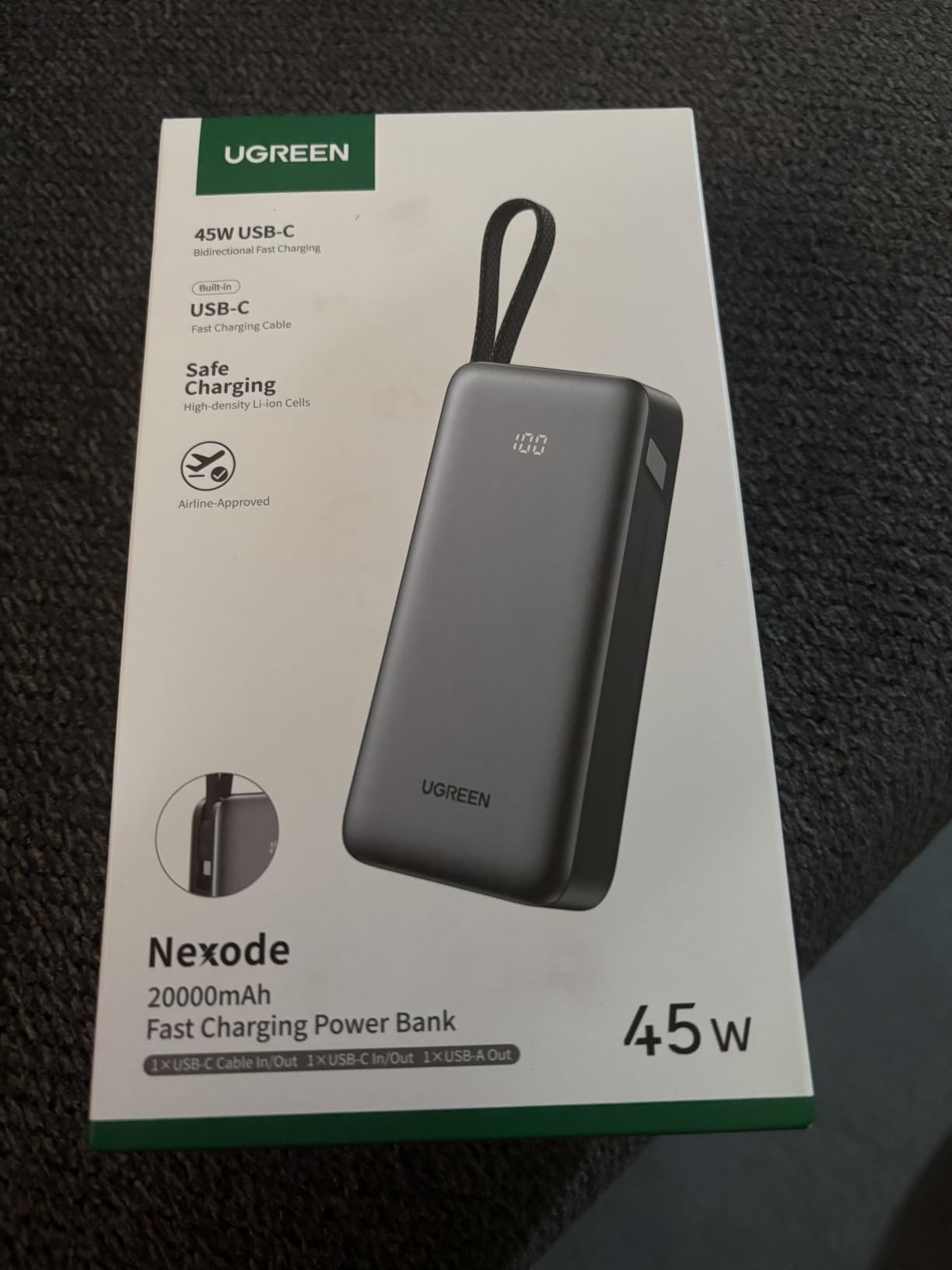 UGREEN Nexode 20000mAh 45W Power Bank, Built-in Cable for iPhone 17 Pro | Built-in USB-C cable, digital display, 3-port. Fast charges for iPhone 17 Pro, S26 Ultra, iPad Pro customer photo 1