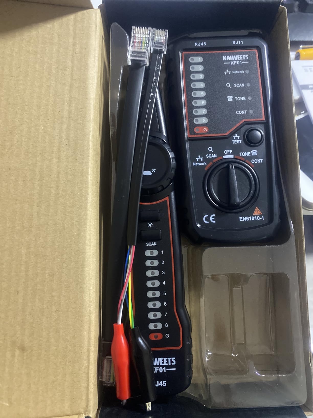 KAIWEETS Network Cable Tester, RJ45 RJ11 Wire Tracer Line Finder, Tone Generator and Probe Kit, Cable Tracer Ethernet LAN Network Cat5 Cat6 for Cable Collation, Telephone Line Test customer photo 2