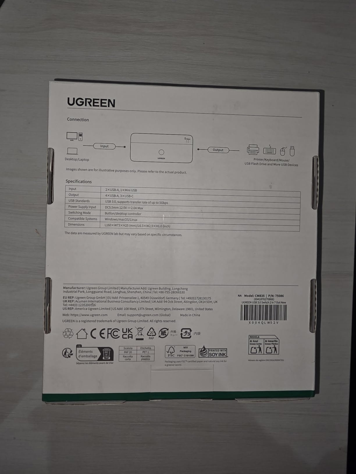 UGREEN 2-in 7-Out USB 3.0 Switch, USB Switcher for 2 Computers Sharing USB A & C Devices (4USB-A + 3USB-C), USB Switches Sharing Keyboard and Mouse with Controller, USB-C Male Adapter, Power Adapter customer photo 1