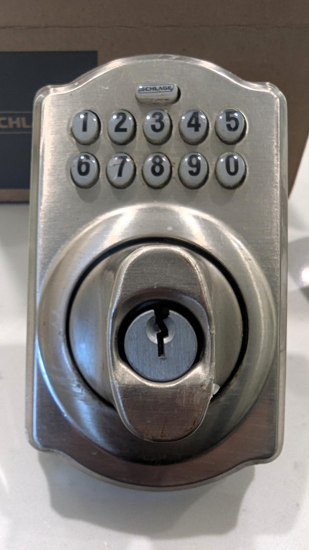 Schlage Electronic Keypad Deadbolt Lock, Camelot Trim, Satin Nickel | Keyless entry door lock, Push button keypad deadbolt, Key backup included, Certified security, Easy install, BE365 customer photo 1