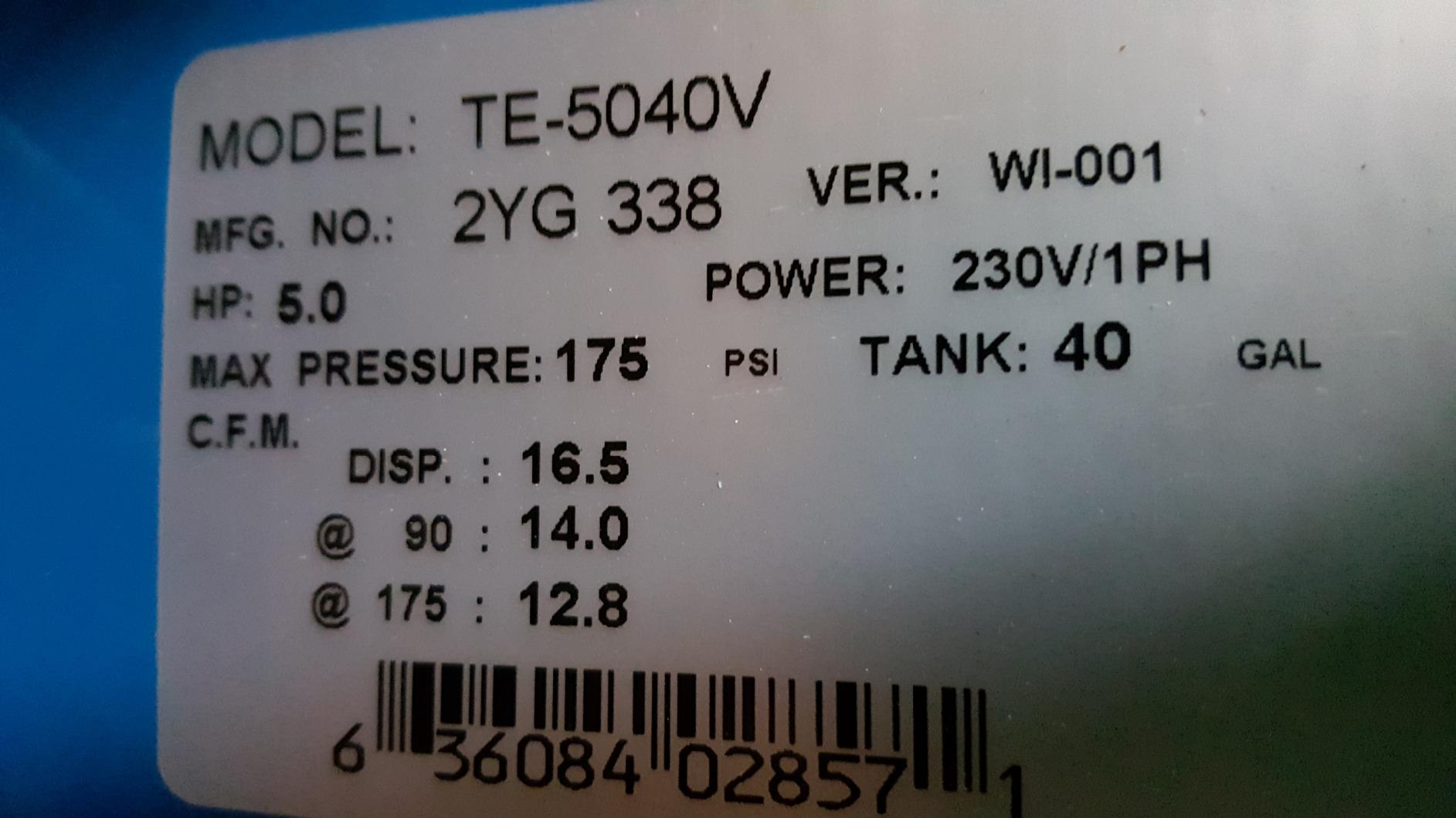 TE-3040V Air Compressor, Professional/Commercial/Industrial Two Stage Belt Drive Series, 3 hp Running, 175 Maximum psi, 230/1V/Phase, 40 gal, 260 lb. customer photo 2