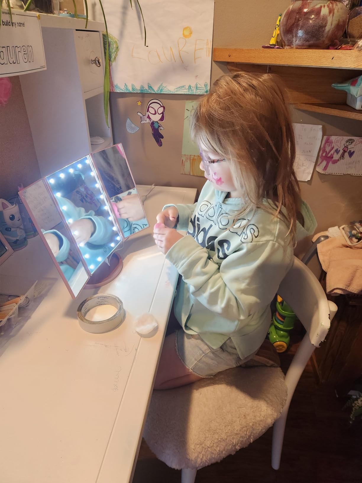 deweisn Dresser Mount Tri-Fold Lighted Vanity Mirror with 21 LED Lights, Touch Screen and 3X/2X/1X Magnification, Two Power Supply Modes Make Up Mirror,Travel Mirror customer photo 2