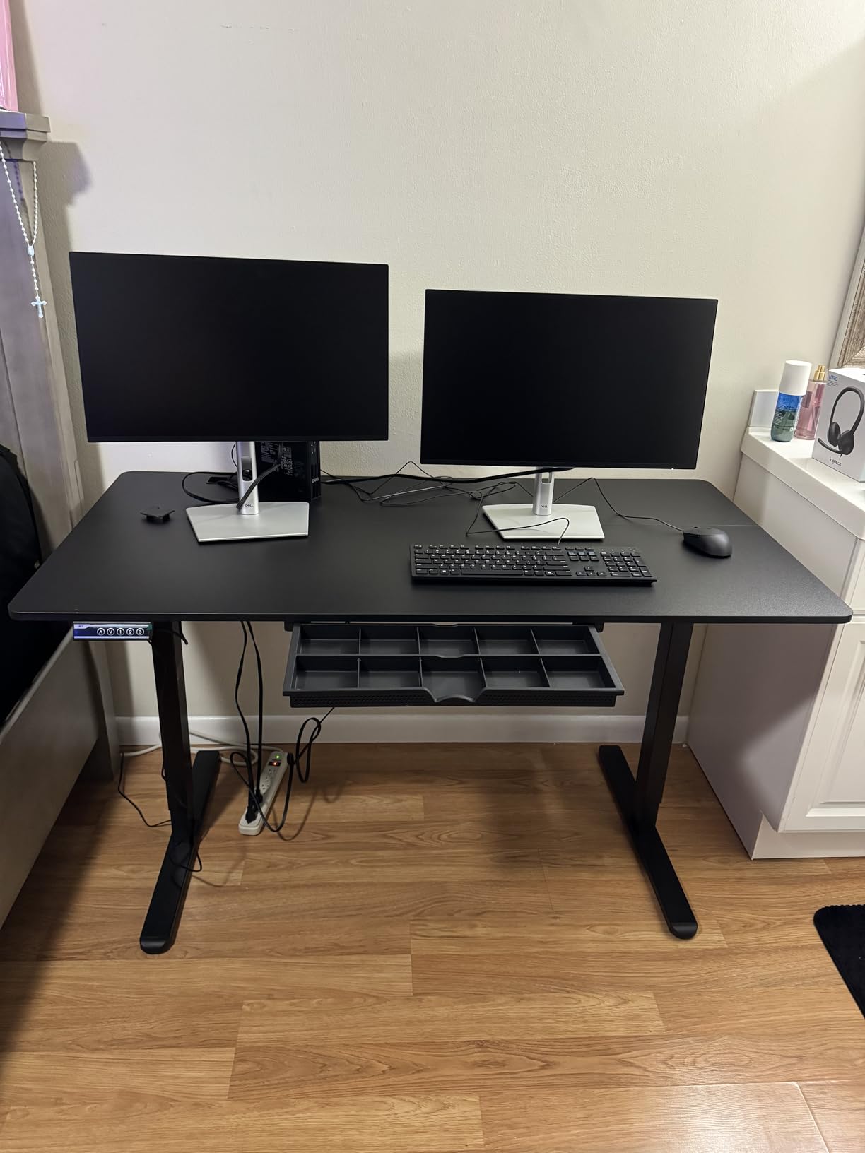 SHW 55 x 28 Electric Height Adjustable Standing Desk w/Drawer, Black | w/ Memory Presets and Cable Management | Drawer with adjustable compartments | Hanging Hooks customer photo 1