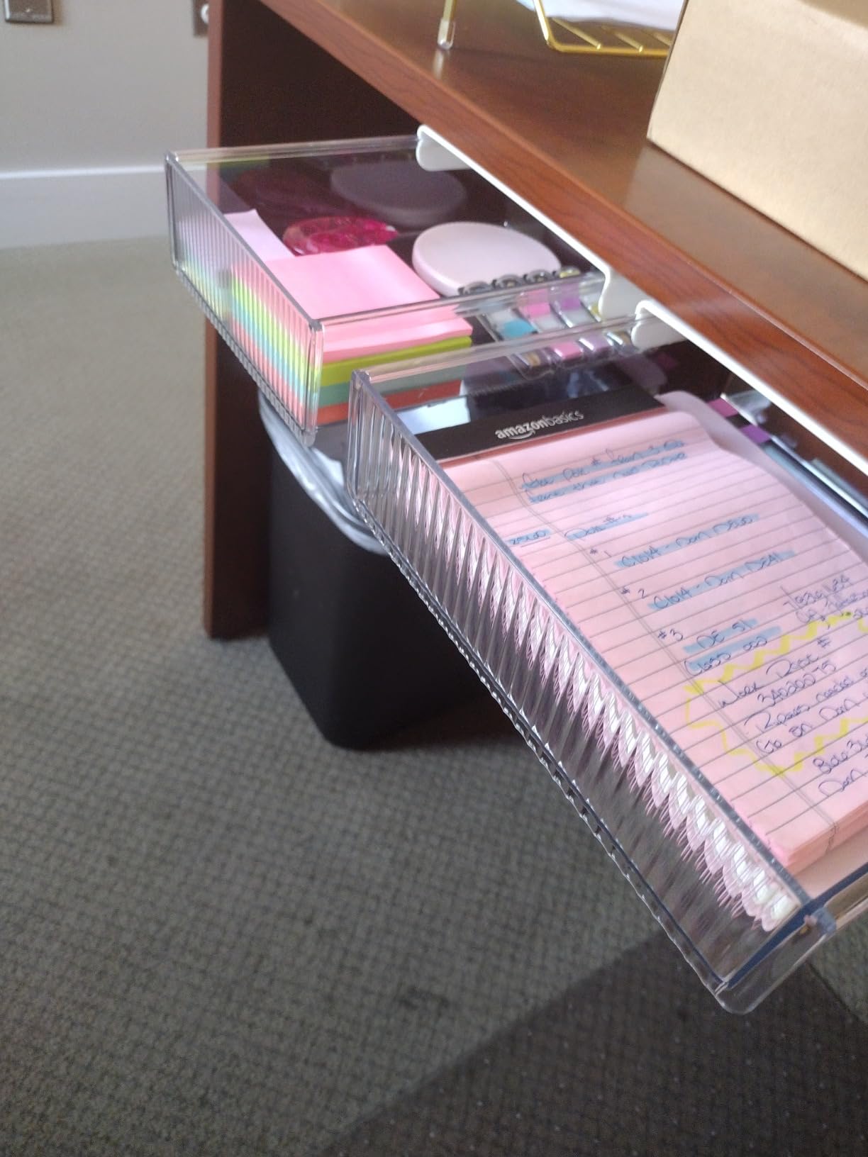 2Pcs Under Desk Storage Drawers Slide Out,Large&Medium,Stick On Drawers,Under Desk Organizer Hidden Under Table Drawer for Home Office School Organization and Storage-Clear White customer photo 1