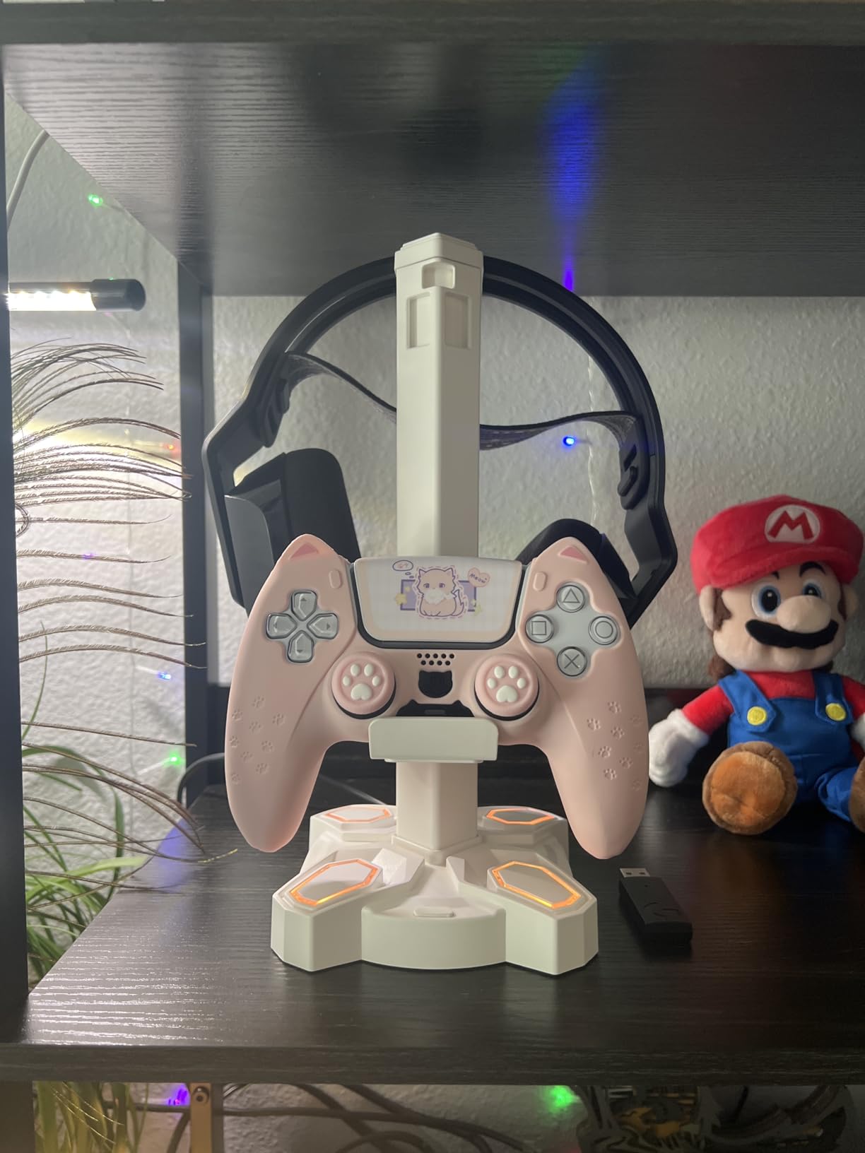 KDD Gaming Headphones Stand, Rotatable Headset Stand with Light Modes - Controller Holder with 2 USB Charging Ports and 3.5mm - Earphone Hanger Accessories for Desktop Gamer(Black) customer photo 2