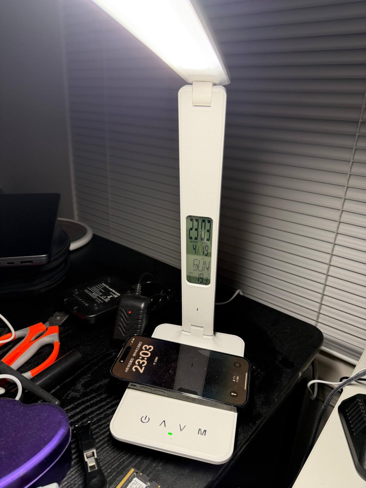 snsok Desk Lamp with Wireless Charger, USB Charging Port, Dimmable Office Desk Light with Clock, Alarm, Date, Temperature, Foldable Lamp for Table Bedroom Bedside Office (White) customer photo 1