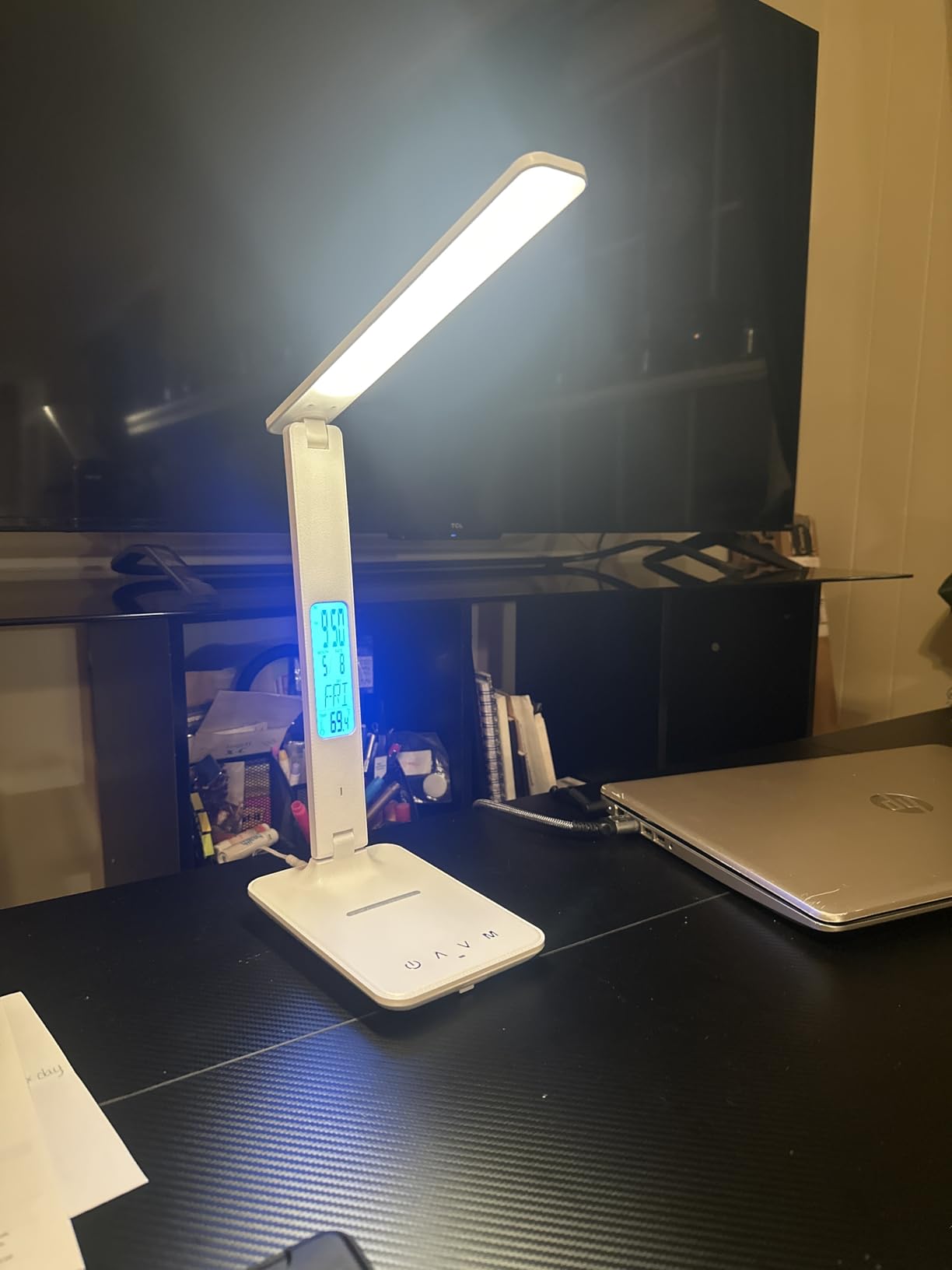 snsok Desk Lamp with Wireless Charger, USB Charging Port, Dimmable Office Desk Light with Clock, Alarm, Date, Temperature, Foldable Lamp for Table Bedroom Bedside Office (White) customer photo 2