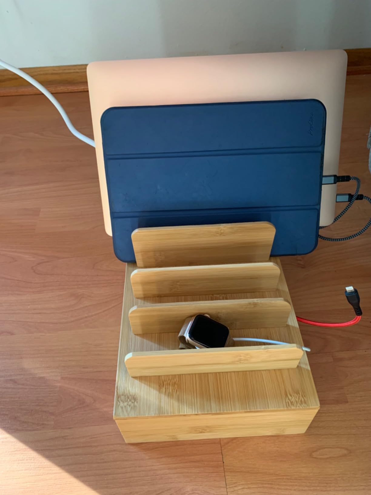 SpaceAid Bamboo Charging Station for Multiple Devices, Cell Phone Docking Stations for Multi Laptop, Tablets and iPads, Nightstand Bedside Desk Device Charger Organizer (Natural) customer photo 2