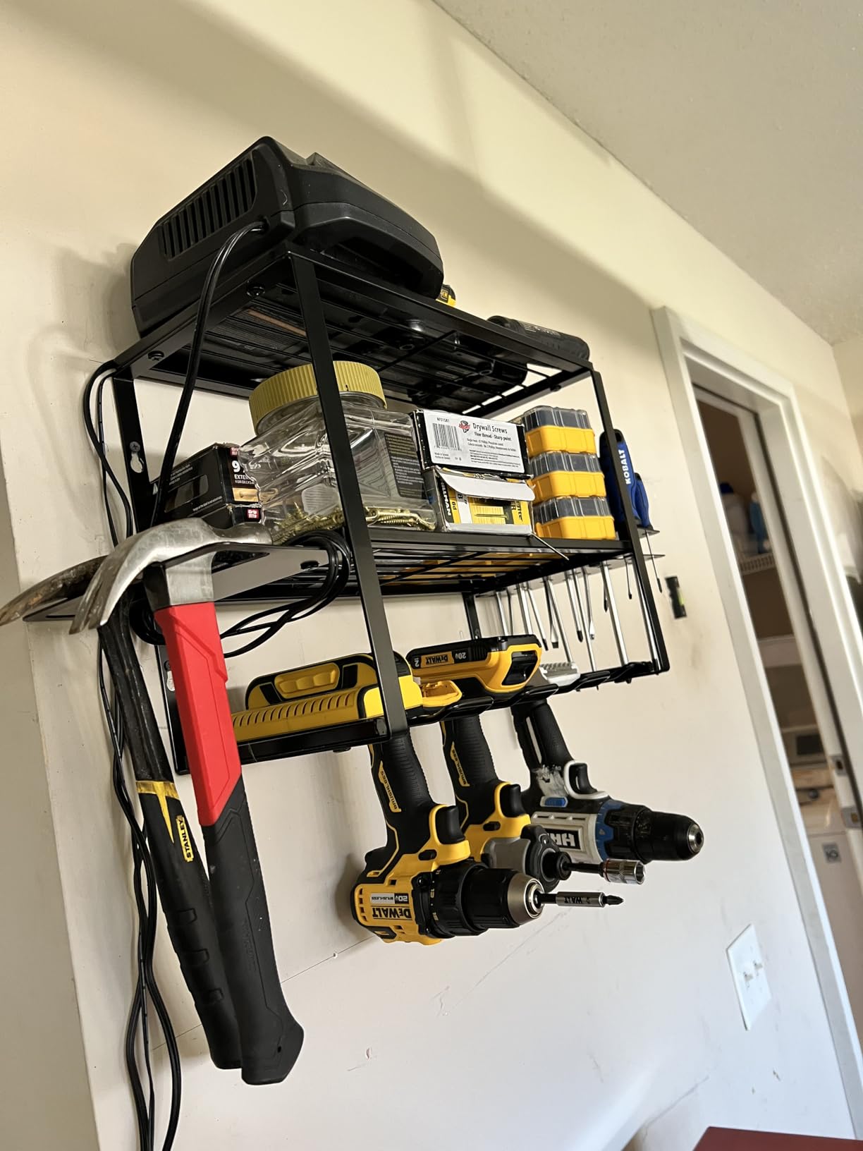YYR Heavy Duty Power Tool Organizer Wall Mount, Cordless Drill Hanger Storage Rack, Battery Tools Holder with Charging Station Shelf for Garage Organization, Workshop, Pegboard, Shed - 32 Inch 8 Slots customer photo 2