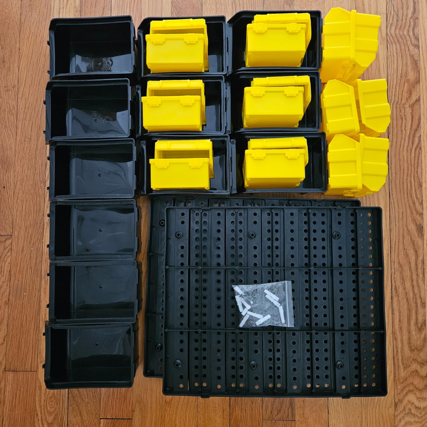 KJE 30PCS Wall Mounted Storage Bins, Plastic Tool Organizer for Garage Storage, Screws, Nuts, Bolts, Small Hardware Parts -Black, Yellow customer photo 1