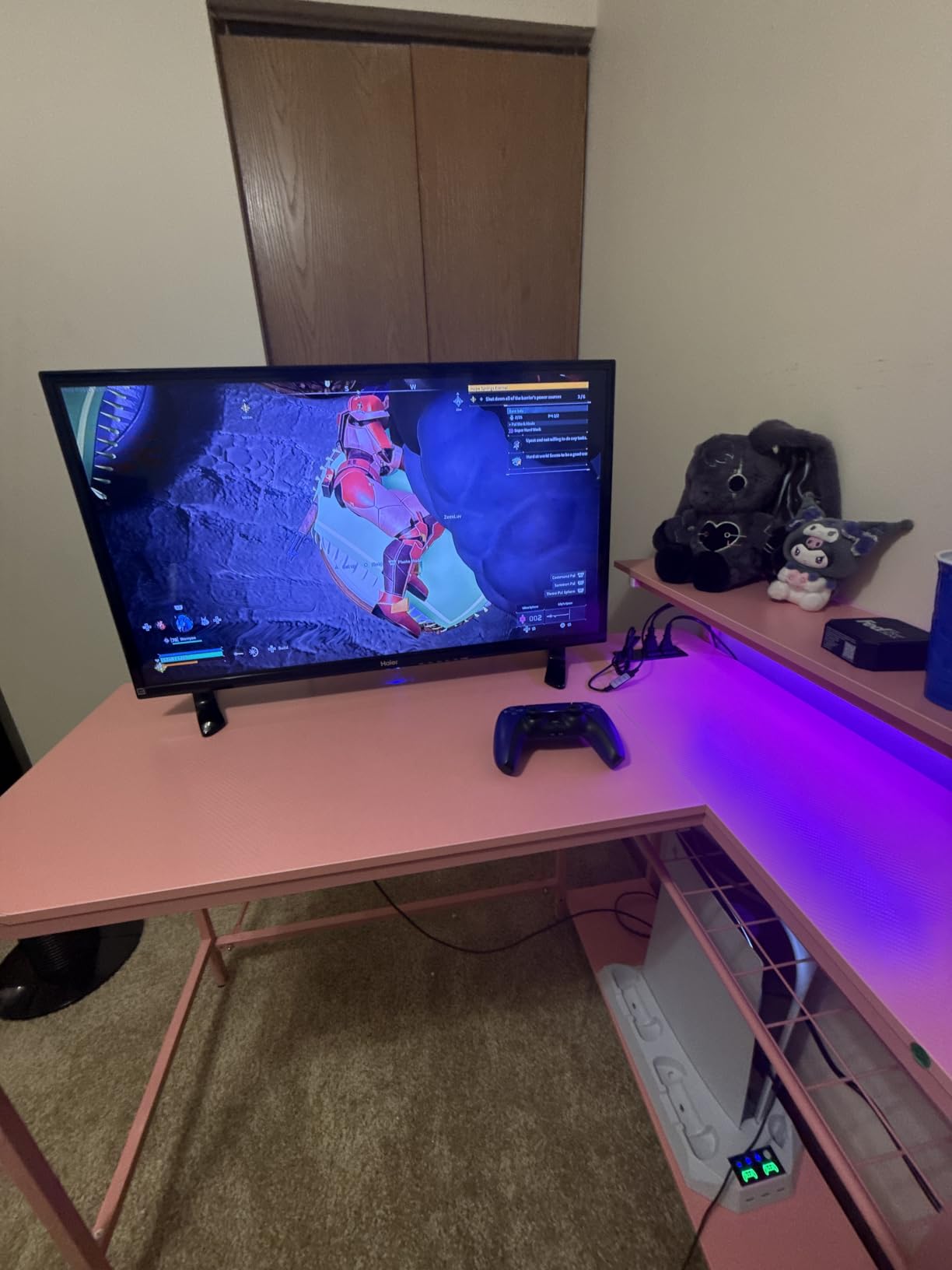 Bestier 42-Inch Pink L-Shaped Gaming Desk with Charging & LED | Charging 2AC+USB+Type-C, RGB LED 20 Colors/22 Modes, Reversible Shelves, Carbon Fiber Texture, Headset Hook, Small Space customer photo 1